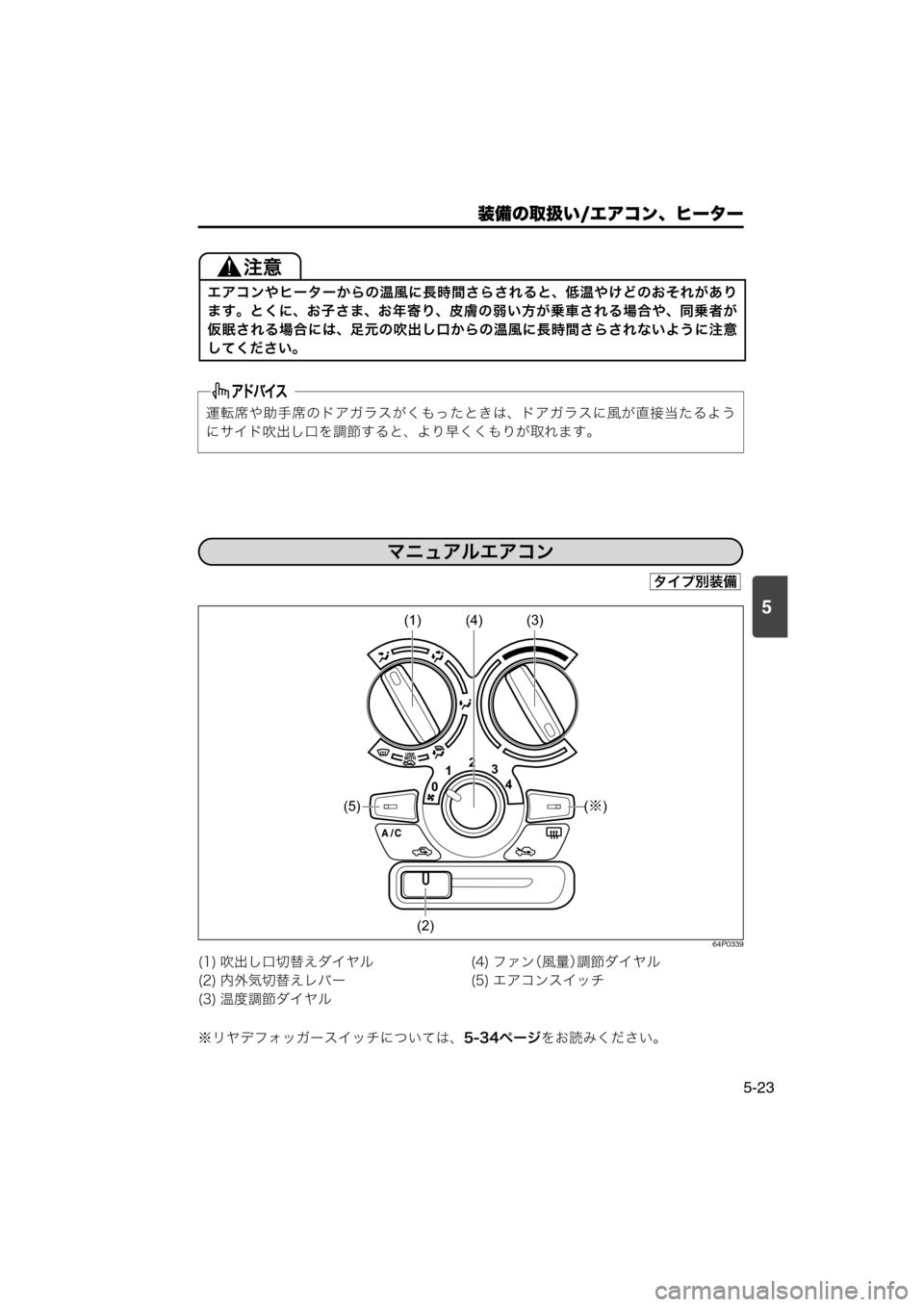 MAZDA MODEL SCRUM VAN / WAGON 2018  取扱説明書 (スクラムバン／ワゴン) (in Japanese) 5
装備の取扱い/エアコン、ヒーター
5-23
64P0339
※リヤデフォッガースイッチについては、5-34ページをお読みください。 エアコンやヒーターからの温