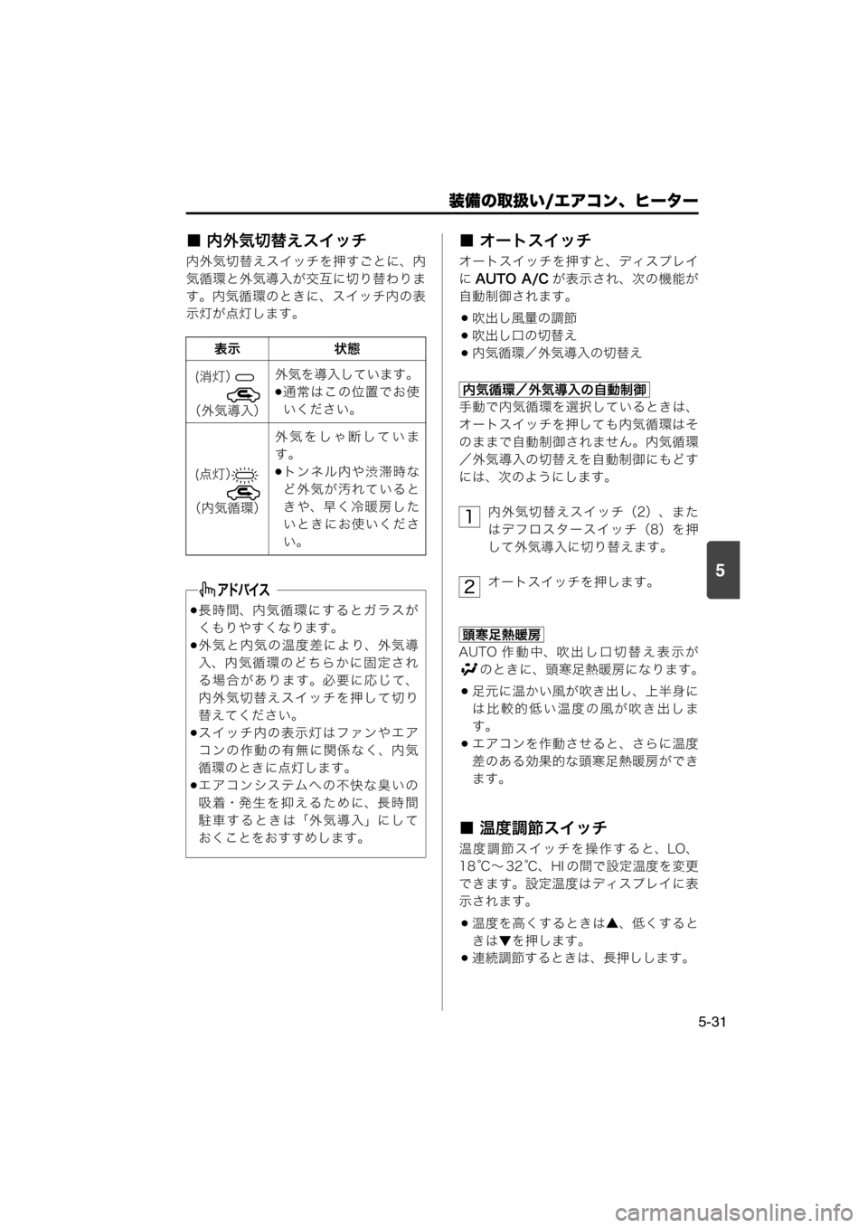 MAZDA MODEL SCRUM VAN / WAGON 2018 取扱説明書 (スクラムバン/ワゴン) (in Japanese) 装備の取扱い/エアコン、ヒーター
5-31
5
■ 内外気切替えスイッチ
内外気切替えスイッチを押すごとに、内
気循環と外気導入が交互に切り替わりま
MAZDA MODEL SCRUM VAN / WAGON 2018 取扱説明書 (スクラムバン/ワゴン) (in Japanese) 装備の取扱い/エアコン、ヒーター
5-31
5
■ 内外気切替えスイッチ
内外気切替えスイッチを押すごとに、内
気循環と外気導入が交互に切り替わりま