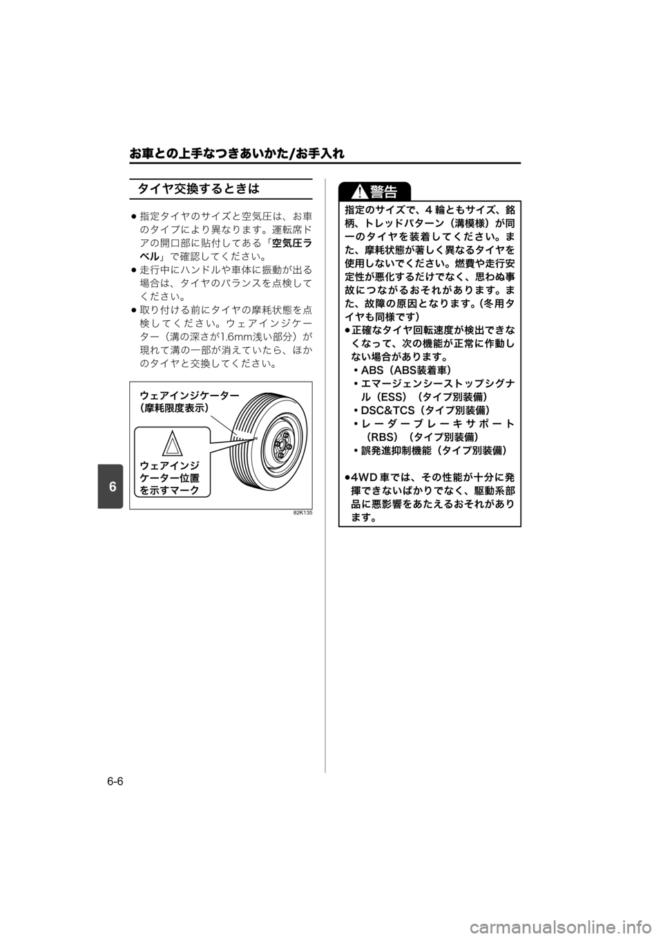 MAZDA MODEL SCRUM VAN / WAGON 2018  取扱説明書 (スクラムバン／ワゴン) (in Japanese) 6
お車との上手なつきあいかた/お手入れ
6-6
タイヤ交換するときは
指定タイヤのサイズと空気圧は、お車
のタイプにより異なります。運転席ド
ア