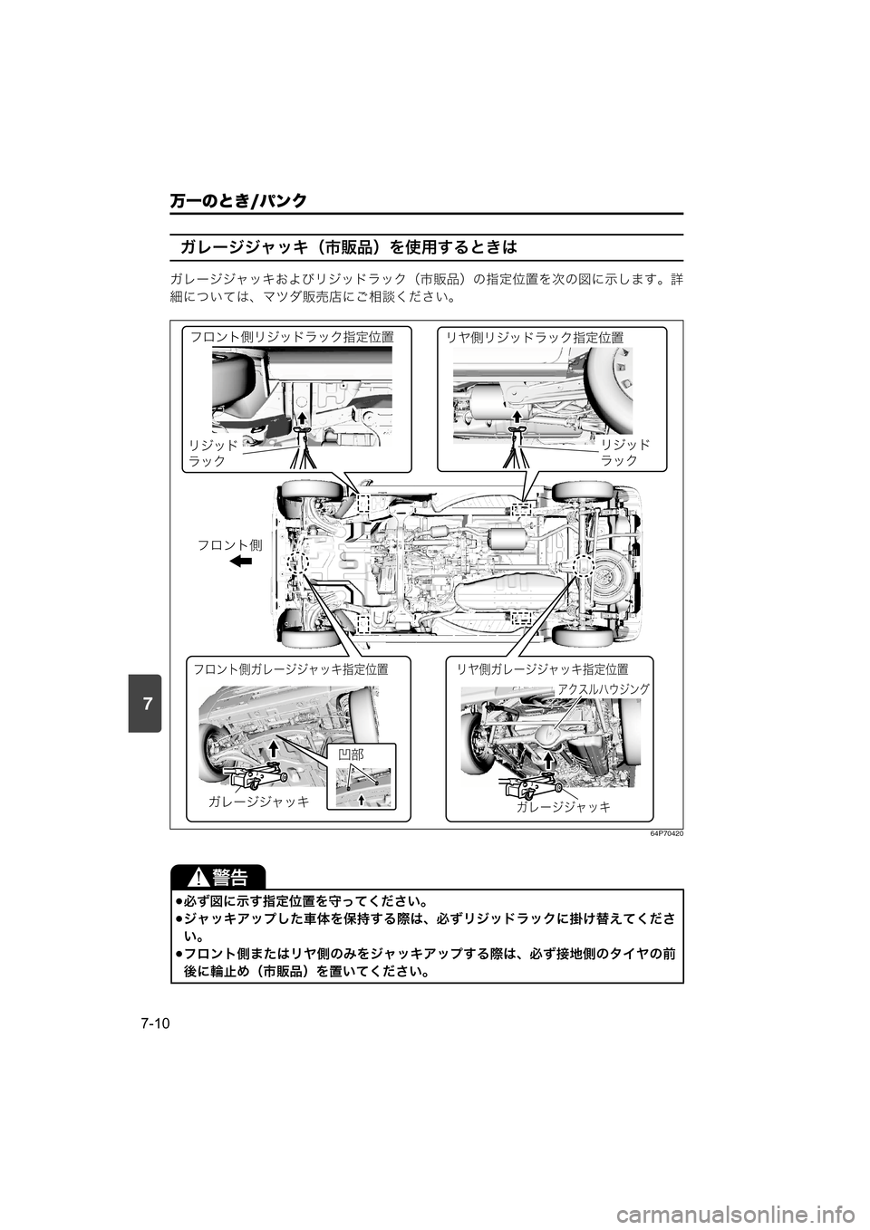 MAZDA MODEL SCRUM VAN / WAGON 2018  取扱説明書 (スクラムバン／ワゴン) (in Japanese) 
万一のとき/パンク
7-10
7
ガレージジャッキ（市販品）を使用するときは
ガレージジャッキおよびリジッドラック（市販品）の指定位置を次の図に示