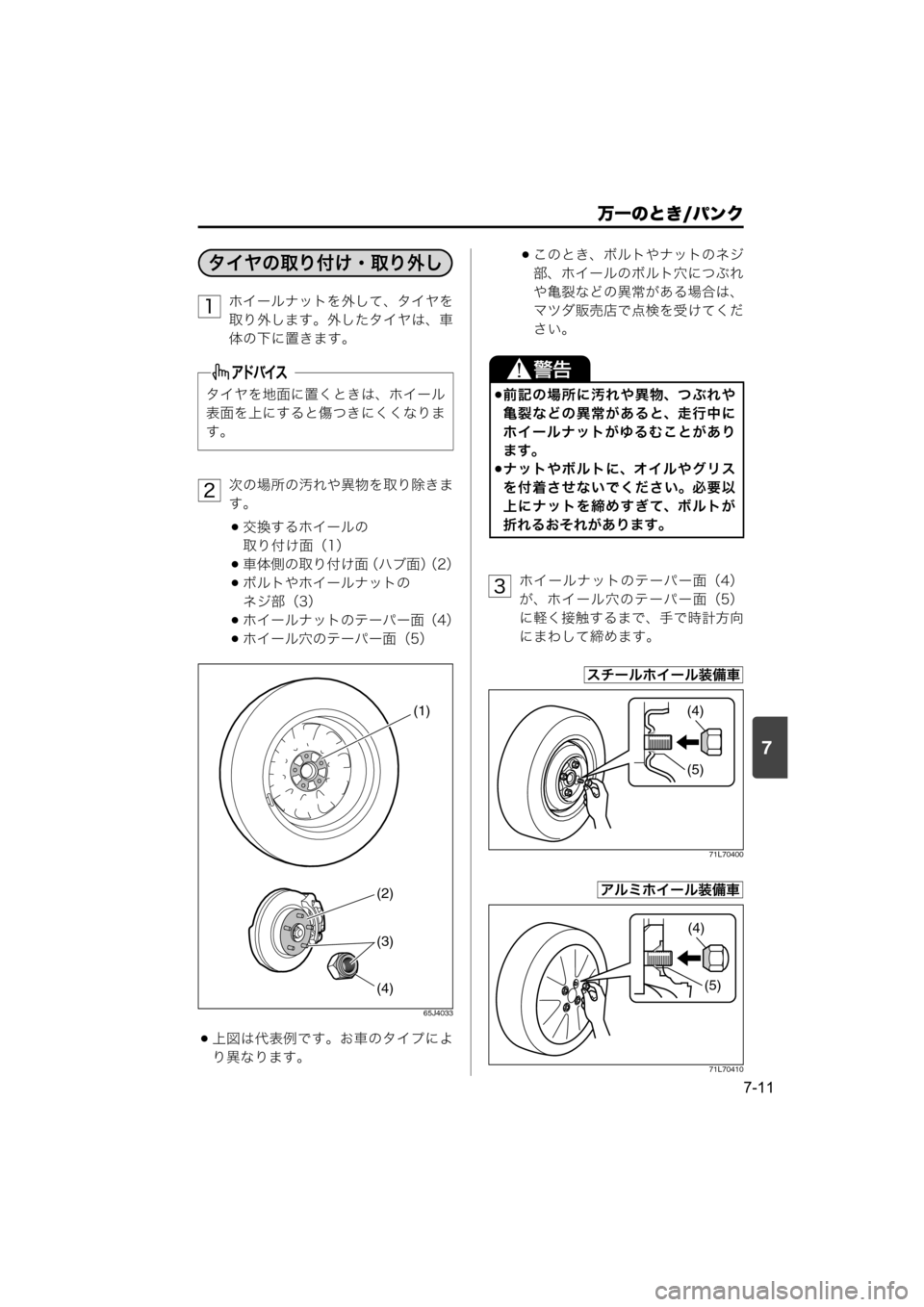 MAZDA MODEL SCRUM VAN / WAGON 2018  取扱説明書 (スクラムバン／ワゴン) (in Japanese) 7
万一のとき/パンク
7-11
ホイールナットを外して、タイヤを
取り外します。外したタイヤは、車
体の下に置きます。
次の場所の汚れや異物を取り