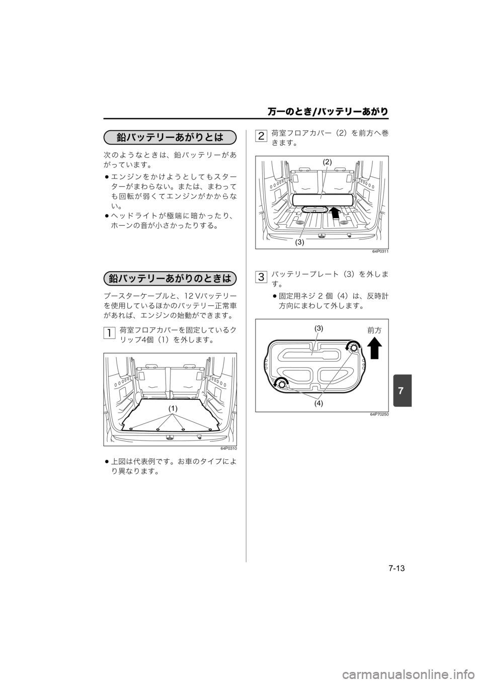 MAZDA MODEL SCRUM VAN / WAGON 2018  取扱説明書 (スクラムバン／ワゴン) (in Japanese) 7
万一のとき/バッテリーあがり
7-13
次のようなときは、鉛バッテリーがあ
がっています。
エンジンをかけようとしてもスター
ターがまわらない