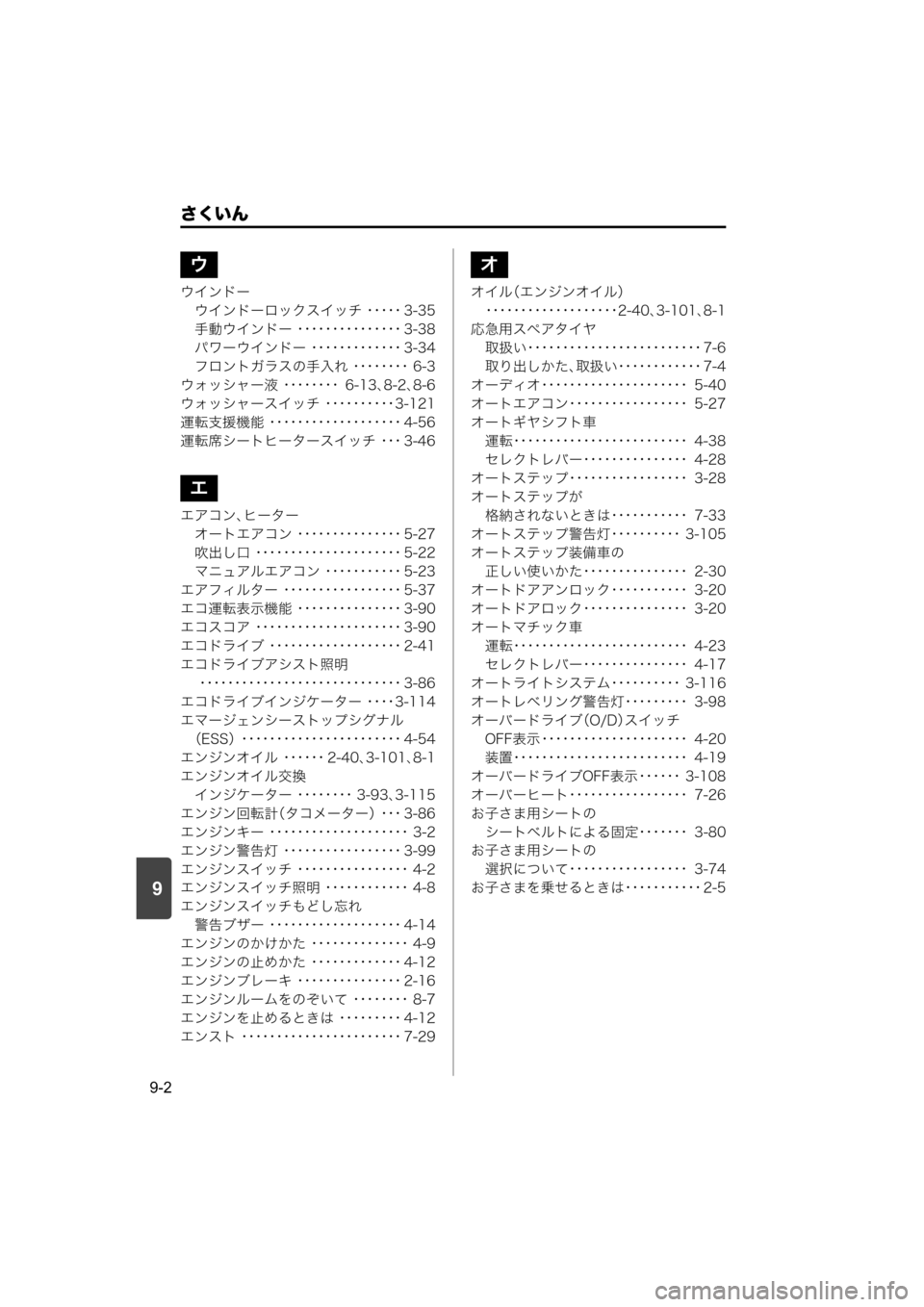 MAZDA MODEL SCRUM VAN / WAGON 2018 取扱説明書 (スクラムバン/ワゴン) (in Japanese) 9
さくいん
9-2
ウインドー
ウインドーロックスイッチ ・・・・・ 3-35
手動ウインドー ・・・・・・・・・・・・・・・ 3-38
パワーウインドー ・・・ MAZDA MODEL SCRUM VAN / WAGON 2018 取扱説明書 (スクラムバン/ワゴン) (in Japanese) 9
さくいん
9-2
ウインドー
ウインドーロックスイッチ ・・・・・ 3-35
手動ウインドー ・・・・・・・・・・・・・・・ 3-38
パワーウインドー ・・・