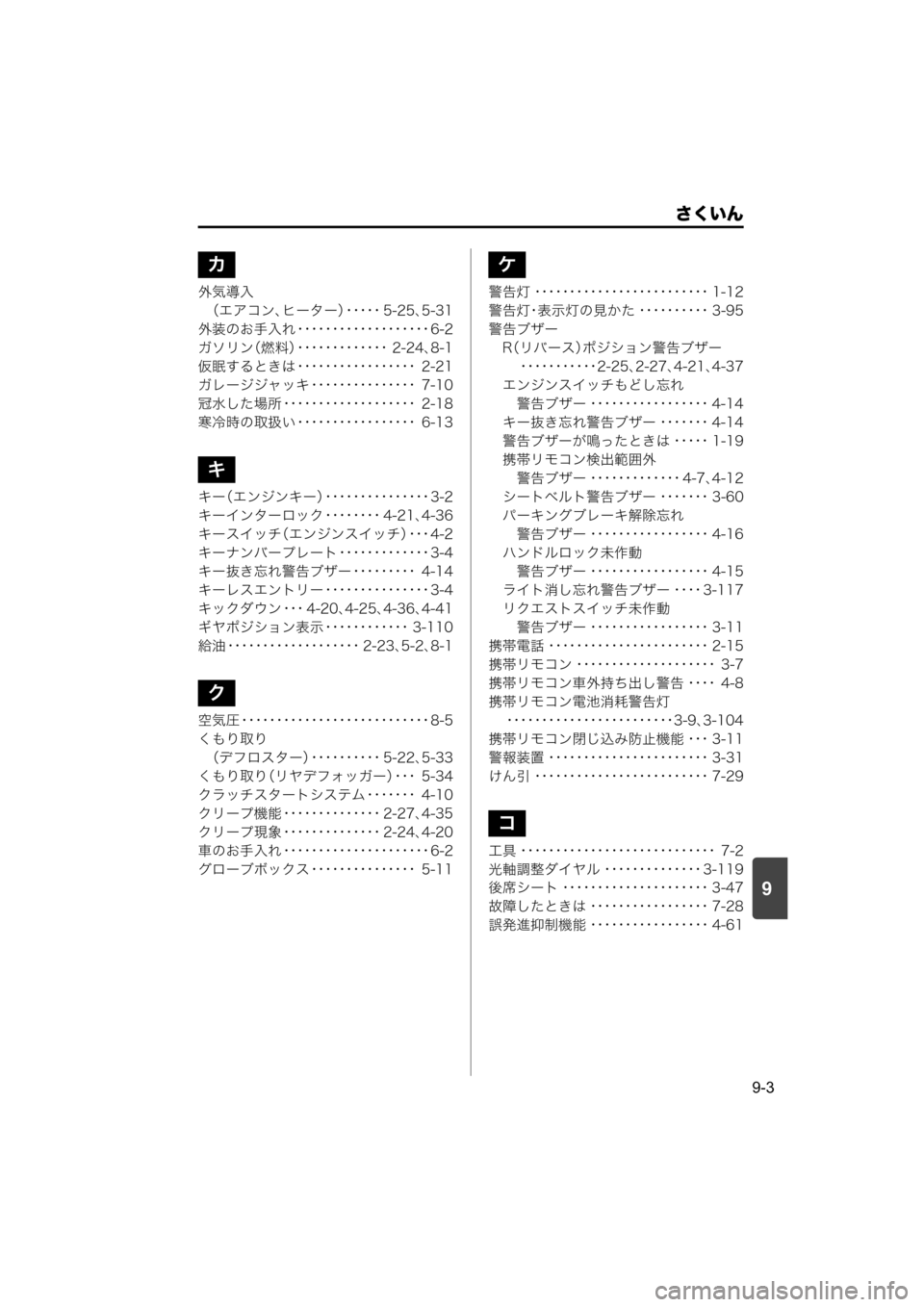 MAZDA MODEL SCRUM VAN / WAGON 2018 取扱説明書 (スクラムバン/ワゴン) (in Japanese) 9
さくいん
9-3
外気導入
(エアコン、ヒーター)・・・・・ 5-25
、5-31
外装のお手入れ ・・・・・・・・・・・・・・・・・・・ 6-2
ガソリン(燃料 MAZDA MODEL SCRUM VAN / WAGON 2018 取扱説明書 (スクラムバン/ワゴン) (in Japanese) 9
さくいん
9-3
外気導入
(エアコン、ヒーター)・・・・・ 5-25
、5-31
外装のお手入れ ・・・・・・・・・・・・・・・・・・・ 6-2
ガソリン(燃料