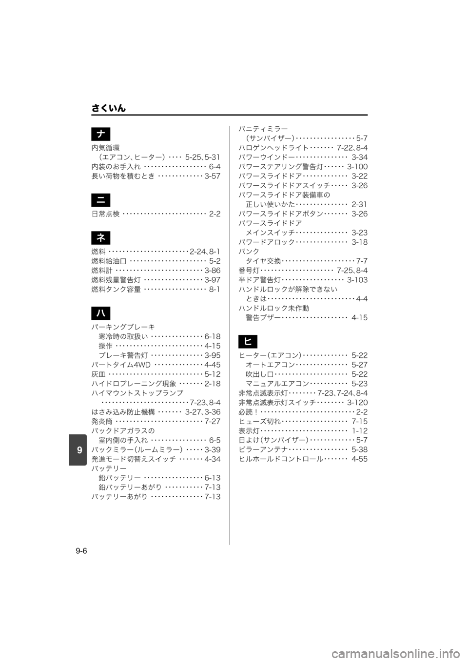 MAZDA MODEL SCRUM VAN / WAGON 2018 取扱説明書 (スクラムバン/ワゴン) (in Japanese) 9
さくいん
9-6
内気循環
(エアコン、ヒーター)・・・・ 5-25
、5-31
内装のお手入れ ・・・・・・・・・・・・・・・・・・ 6-4
長い荷物を積むとき MAZDA MODEL SCRUM VAN / WAGON 2018 取扱説明書 (スクラムバン/ワゴン) (in Japanese) 9
さくいん
9-6
内気循環
(エアコン、ヒーター)・・・・ 5-25
、5-31
内装のお手入れ ・・・・・・・・・・・・・・・・・・ 6-4
長い荷物を積むとき