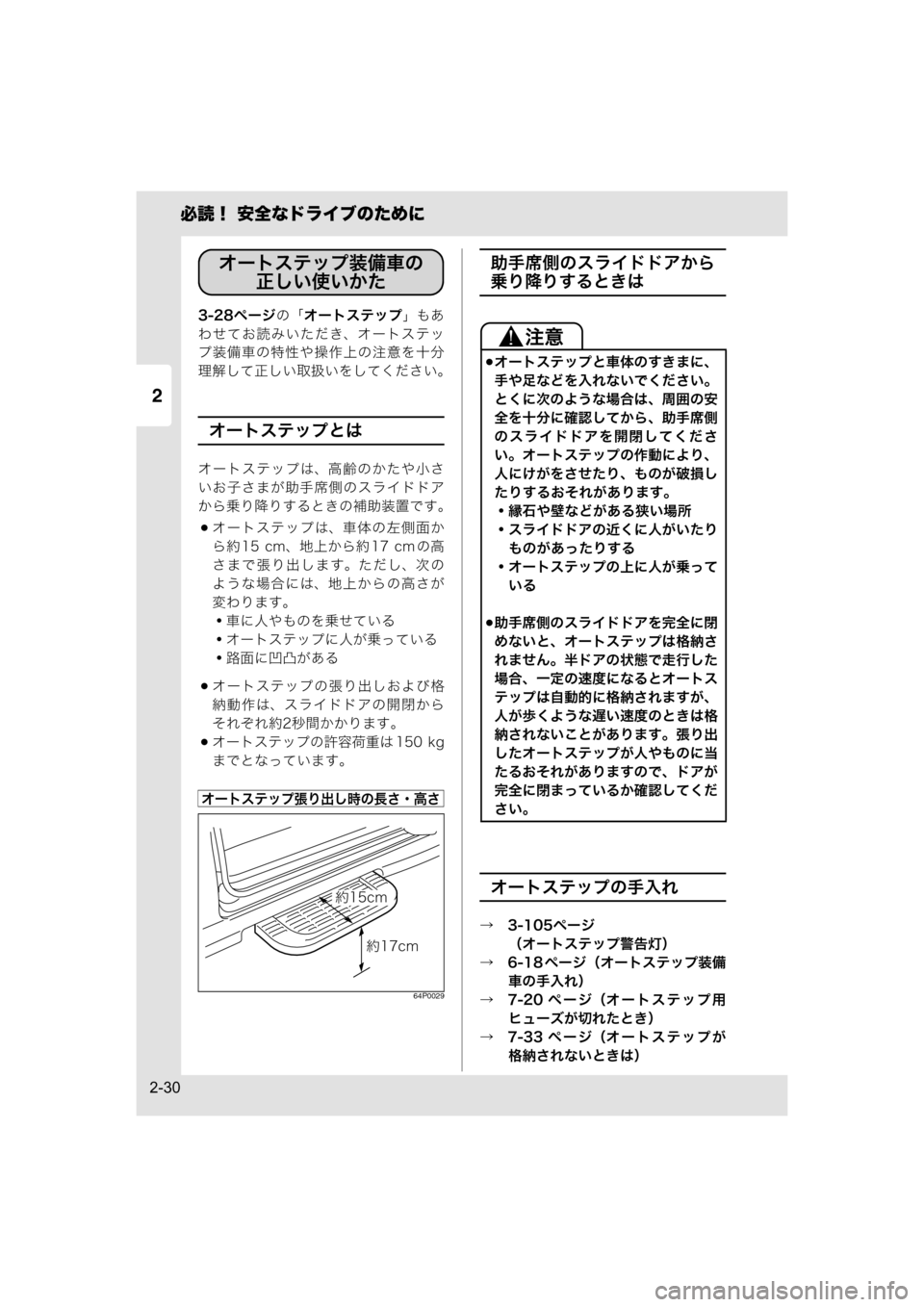 MAZDA MODEL SCRUM VAN / WAGON 2018 取扱説明書 (スクラムバン/ワゴン) (in Japanese) 2
必読! 安全なドライブのために
2-30
3-28ページの「オートステップ」もあ
わせてお読みいただき、オートステッ
プ装備車の特性や操作上の注意を MAZDA MODEL SCRUM VAN / WAGON 2018 取扱説明書 (スクラムバン/ワゴン) (in Japanese) 2
必読! 安全なドライブのために
2-30
3-28ページの「オートステップ」もあ
わせてお読みいただき、オートステッ
プ装備車の特性や操作上の注意を