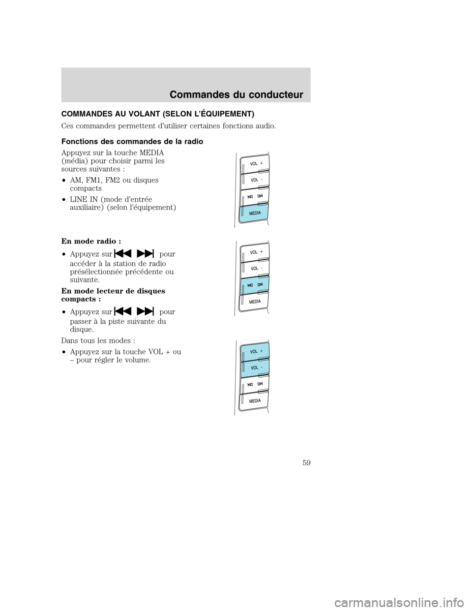 MAZDA MODEL TRIBUTE 2008  Manuel du propriétaire (in French) COMMANDES AU VOLANT (SELON L’ÉQUIPEMENT)
Ces commandes permettent d’utiliser certaines fonctions audio.
Fonctions des commandes de la radio
Appuyez sur la touche MEDIA
(média) pour choisir parmi