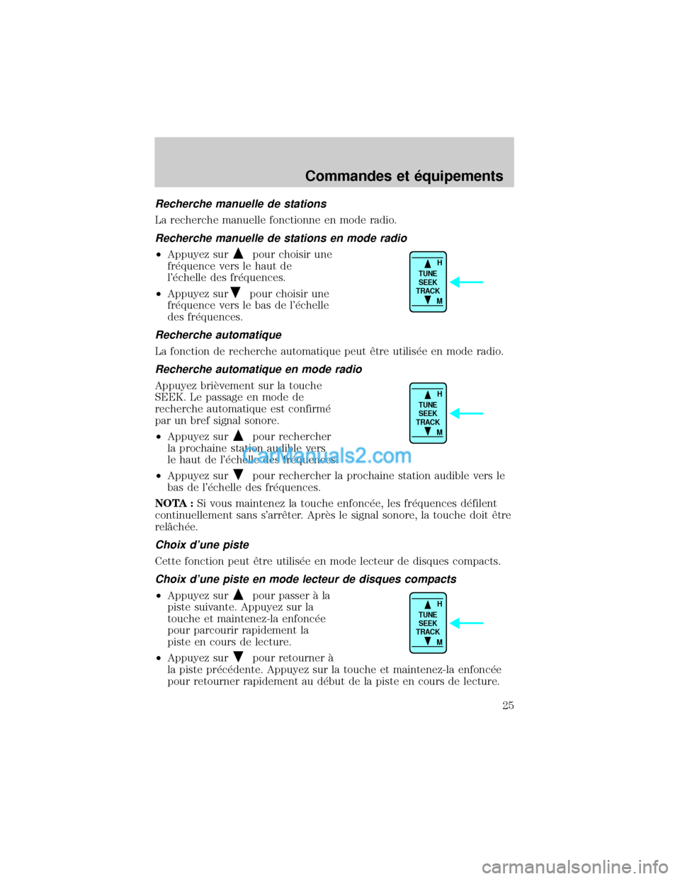MAZDA MODEL TRIBUTE 2001 Manuel du propriétaire (in French) Recherche manuelle de stations
La recherche manuelle fonctionne en mode radio.
Recherche manuelle de stations en mode radio
²Appuyez surpour choisir une
fr×quence vers le haut de
l×chelle des fr× MAZDA MODEL TRIBUTE 2001 Manuel du propriétaire (in French) Recherche manuelle de stations
La recherche manuelle fonctionne en mode radio.
Recherche manuelle de stations en mode radio
²Appuyez surpour choisir une
fr×quence vers le haut de
l×chelle des fr×