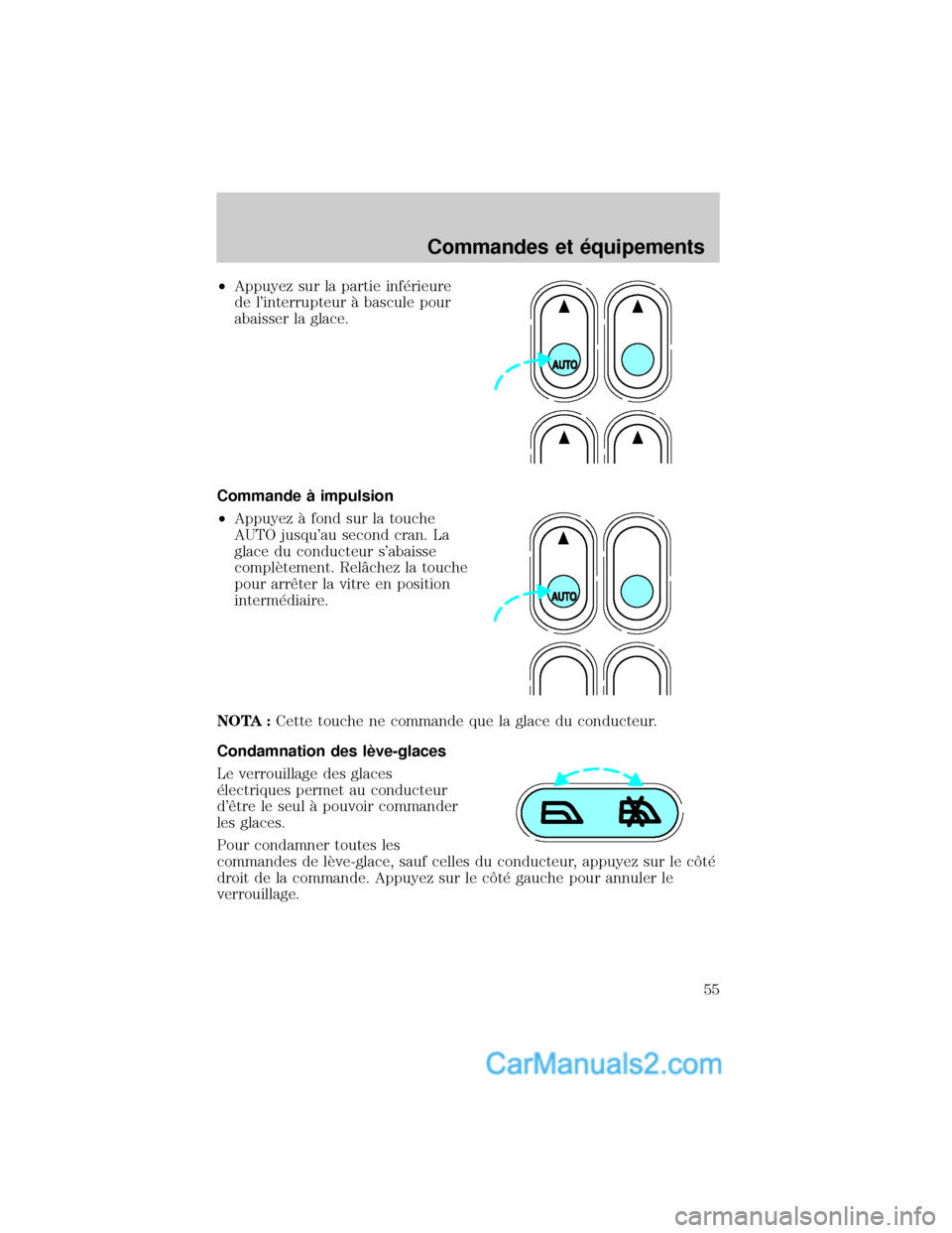 MAZDA MODEL TRIBUTE 2001  Manuel du propriétaire (in French) ²Appuyez sur la partie inf×rieure
de linterrupteur ° bascule pour
abaisser la glace.
Commande ° impulsion
²Appuyez ° fond sur la touche
AUTO jusquau second cran. La
glace du conducteur sabais