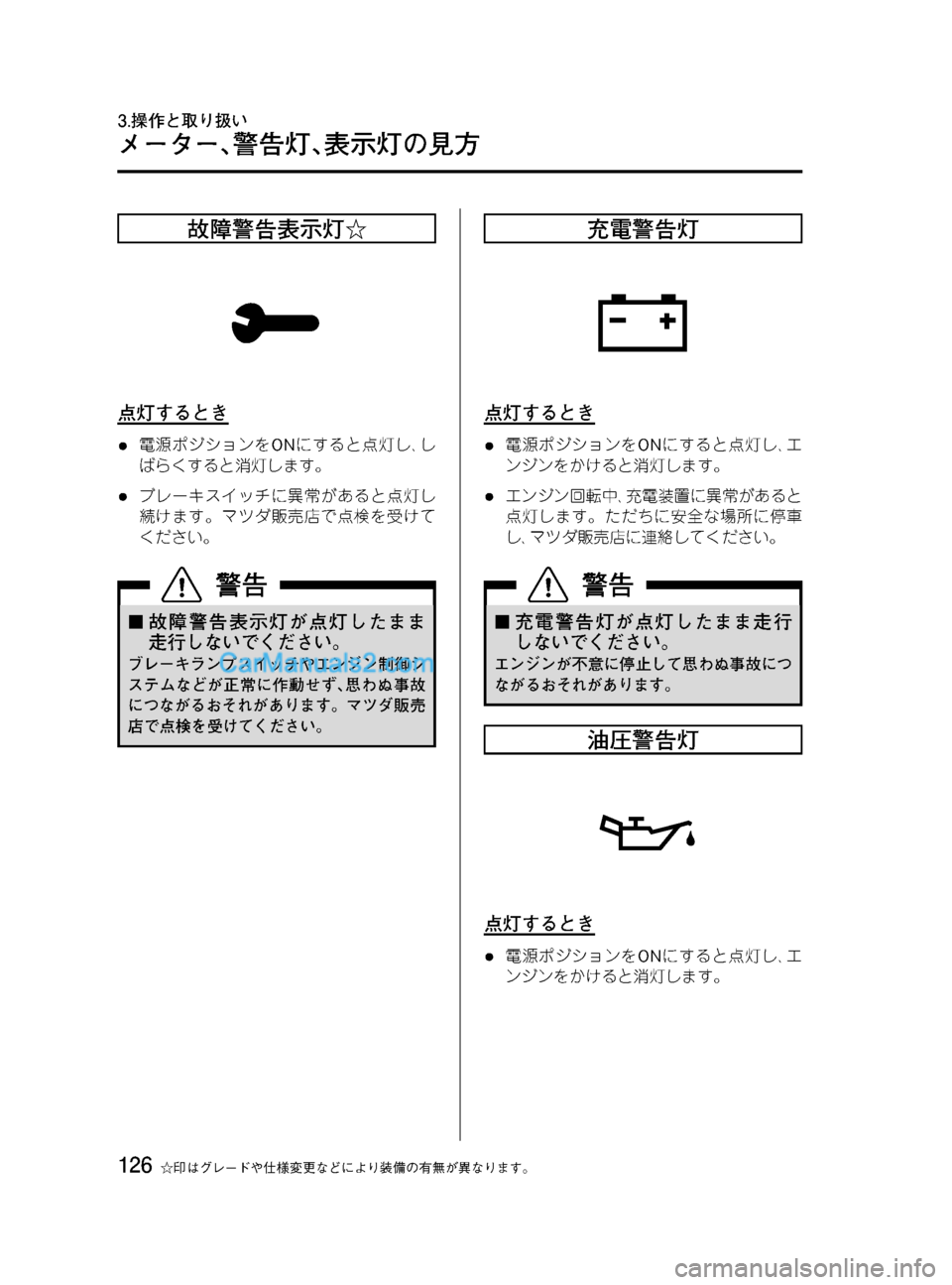 MAZDA MODEL VERISA 2007  ベリーサ｜取扱説明書 (in Japanese) Black plate (126,1)
故障警告表示灯☆
点灯するとき
l電源ポジションをONにすると点灯し､し
ばらくすると消灯します。
lブレーキスイッチに異常がある