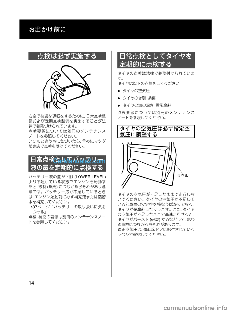 MAZDA MODEL VERISA 2007  ベリーサ｜取扱説明書 (in Japanese) Black plate (14,1)
点検は必ず実施する
安全で快適な運転をするために､日常点検整
備および定期点検整備を実施することが法
律で義務づけられていま