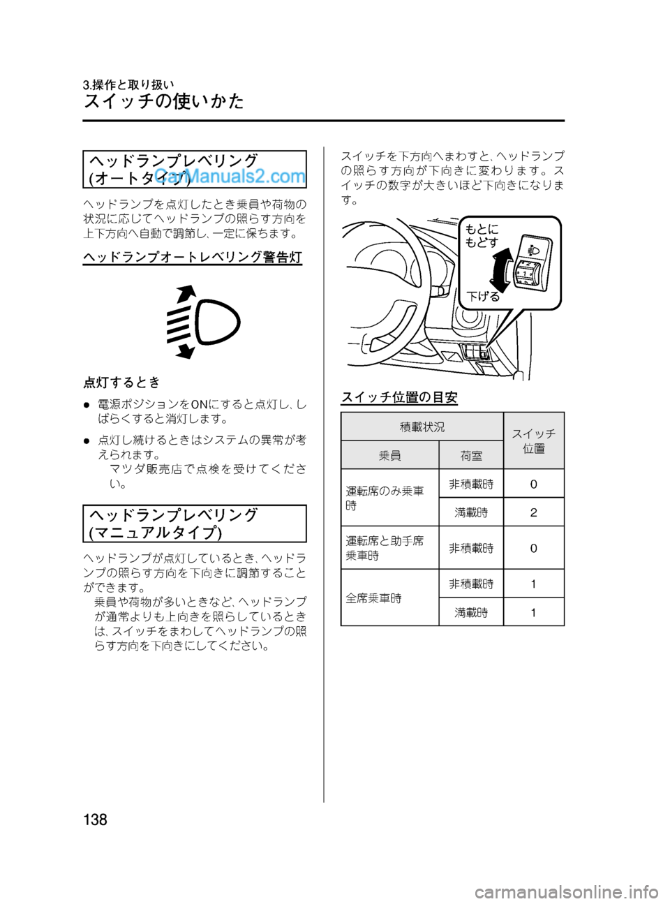 MAZDA MODEL VERISA 2007  ベリーサ｜取扱説明書 (in Japanese) Black plate (138,1)
ヘッドランプレベリング
(オートタイプ)
ヘッドランプを点灯したとき乗員や荷物の
状況に応じてヘッドランプの照らす方向を
上下方