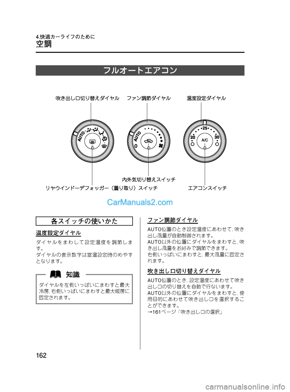 MAZDA MODEL VERISA 2007  ベリーサ｜取扱説明書 (in Japanese) Black plate (162,1)
フルオートエアコン
各スイッチの使いかた
温度設定ダイヤル
ダイヤルをまわして設定温度を調節しま
す。
ダイヤルの表示数字は室