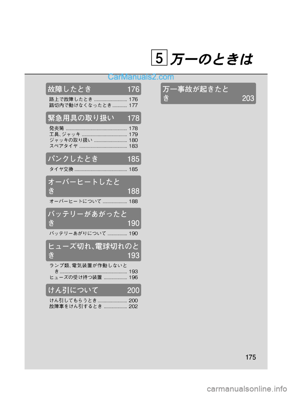 MAZDA MODEL VERISA 2007  ベリーサ｜取扱説明書 (in Japanese) Black plate (175,1)
万一のときは
故障したとき176
路上で故障したとき........................... 176
踏切内で動けなくなったとき............ 177
緊急用具の取り扱