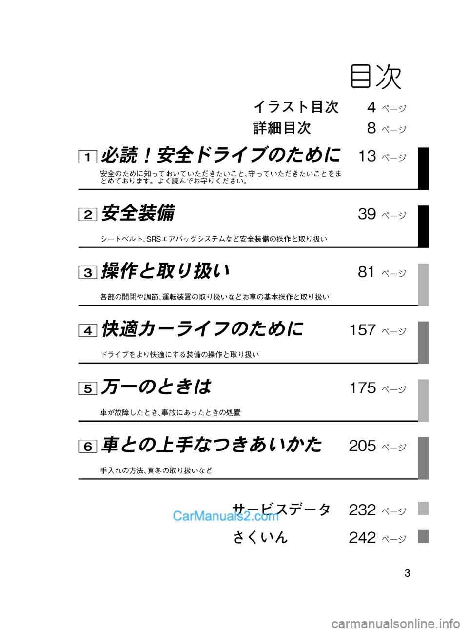 MAZDA MODEL VERISA 2007  ベリーサ｜取扱説明書 (in Japanese) Black plate (3,1)
VERISA_Ｄウ_初版3ページ
2014年7月30日08:35 AM
Form No.Ｄウ
目次
イラスト目次4ページ
詳細目次8ページ
必読！安全ドライブのために13ページ
