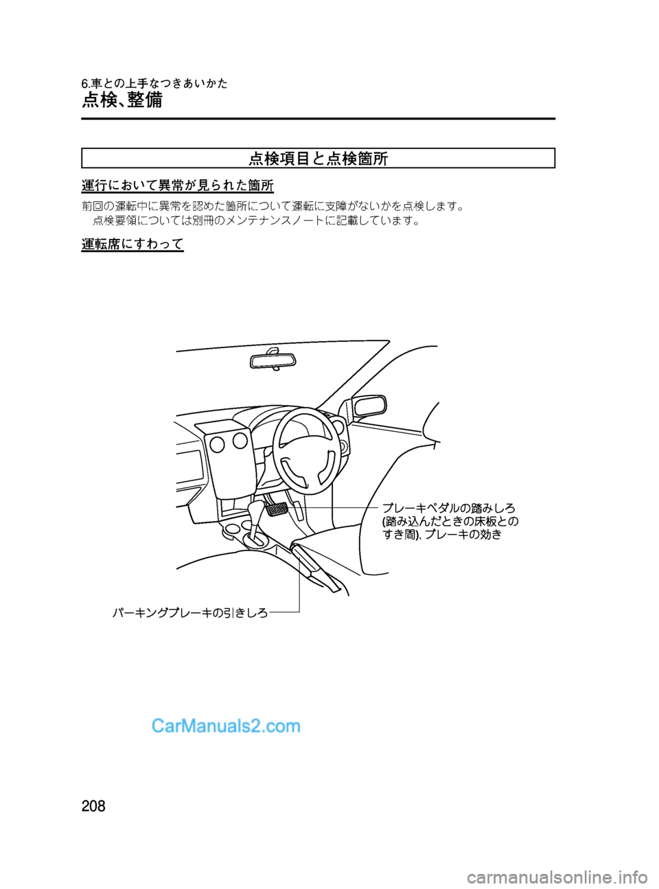 MAZDA MODEL VERISA 2007  ベリーサ｜取扱説明書 (in Japanese) Black plate (208,1)
点検項目と点検箇所
運行において異常が見られた箇所
前回の運転中に異常を認めた箇所について運転に支障がないかを点検します。
