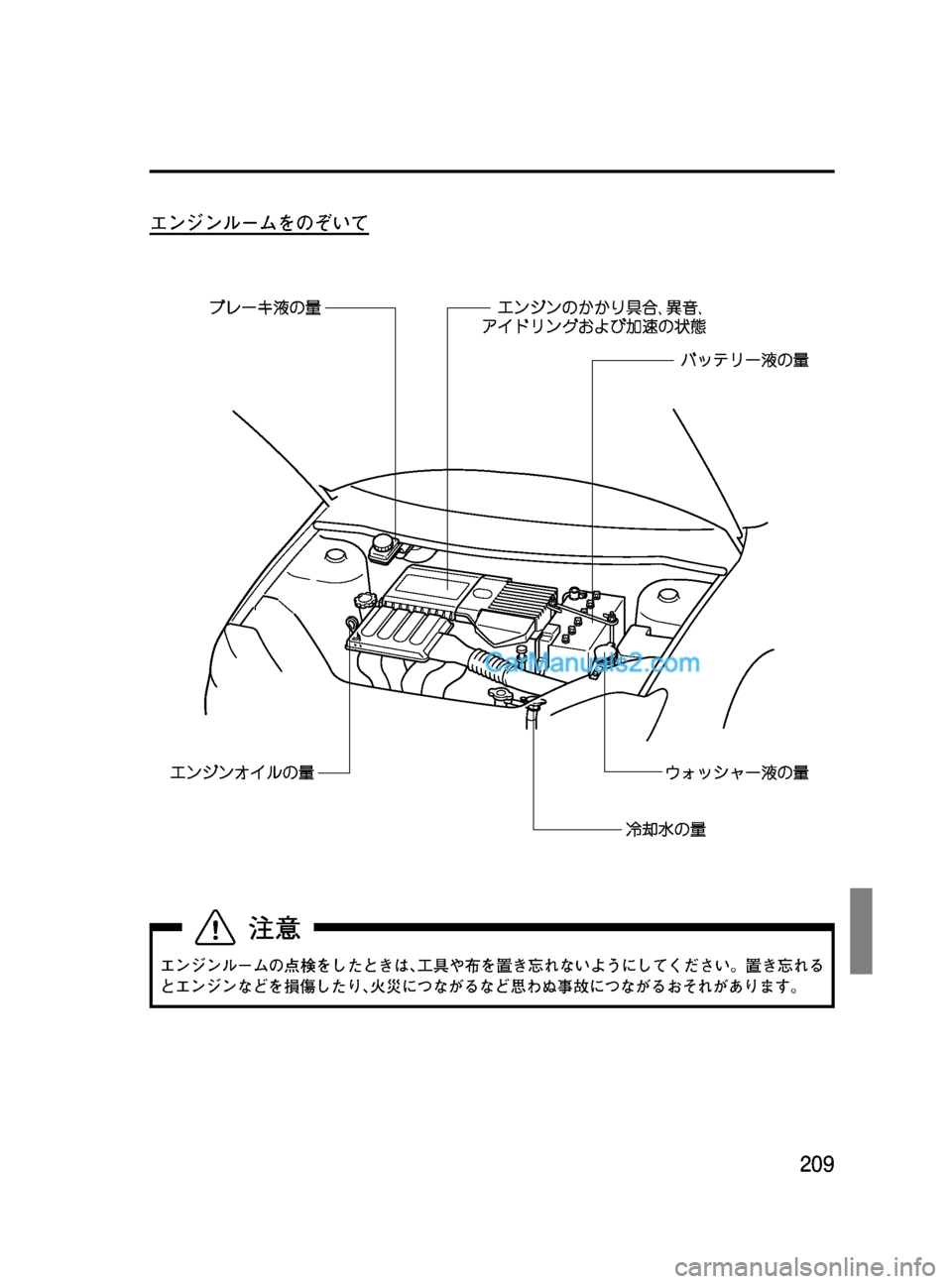 MAZDA MODEL VERISA 2007  ベリーサ｜取扱説明書 (in Japanese) Black plate (209,1)
エンジンルームをのぞいて
エンジンルームの点検をしたときは､工具や布を置き忘れないようにしてください。置き忘れる
とエンジ