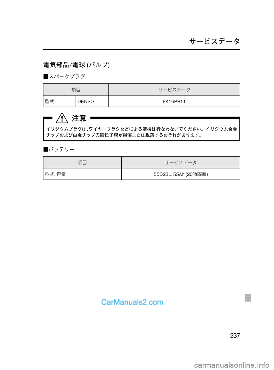 MAZDA MODEL VERISA 2007  ベリーサ｜取扱説明書 (in Japanese) Black plate (237,1)
電気部品/電球(バルブ)
■スパークプラグ
項目サービスデータ
型式DENSO FK16PR11
イリジウムプラグは､ワイヤーブラシなどによる清掃は