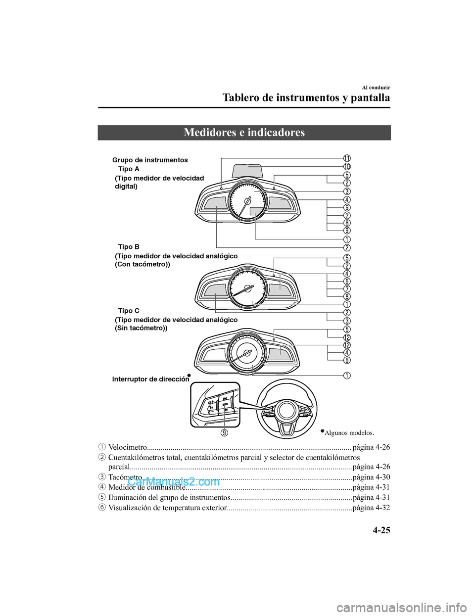 MAZDA MODEL 2 2020 Manual del propietario (in Spanish) Medidores e indicadores
Algunos modelos.
Tipo A
Tipo B
Tipo C
Interruptor de dirección (Tipo medidor de velocidad
digital)
(Tipo medidor de velocidad analógico
(Con tacómetro))
(Tipo medidor MAZDA MODEL 2 2020 Manual del propietario (in Spanish) Medidores e indicadores
Algunos modelos.
Tipo A
Tipo B
Tipo C
Interruptor de dirección (Tipo medidor de velocidad
digital)
(Tipo medidor de velocidad analógico
(Con tacómetro))
(Tipo medidor