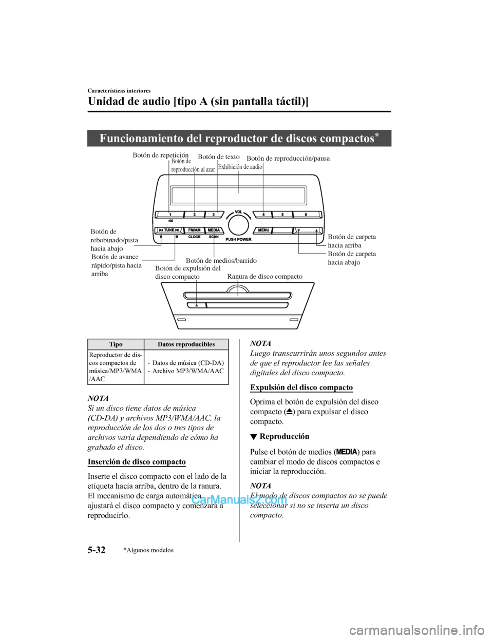 MAZDA MODEL 2 2020 Manual del propietario (in Spanish) Funcionamiento del reproductor de discos compactos*
Botón de expulsión del
disco compactoRanura de disco compacto
Botón de medios/barrido
Botón de carpeta
hacia abajo
Botón de carpeta
hacia ar MAZDA MODEL 2 2020 Manual del propietario (in Spanish) Funcionamiento del reproductor de discos compactos*
Botón de expulsión del
disco compactoRanura de disco compacto
Botón de medios/barrido
Botón de carpeta
hacia abajo
Botón de carpeta
hacia ar