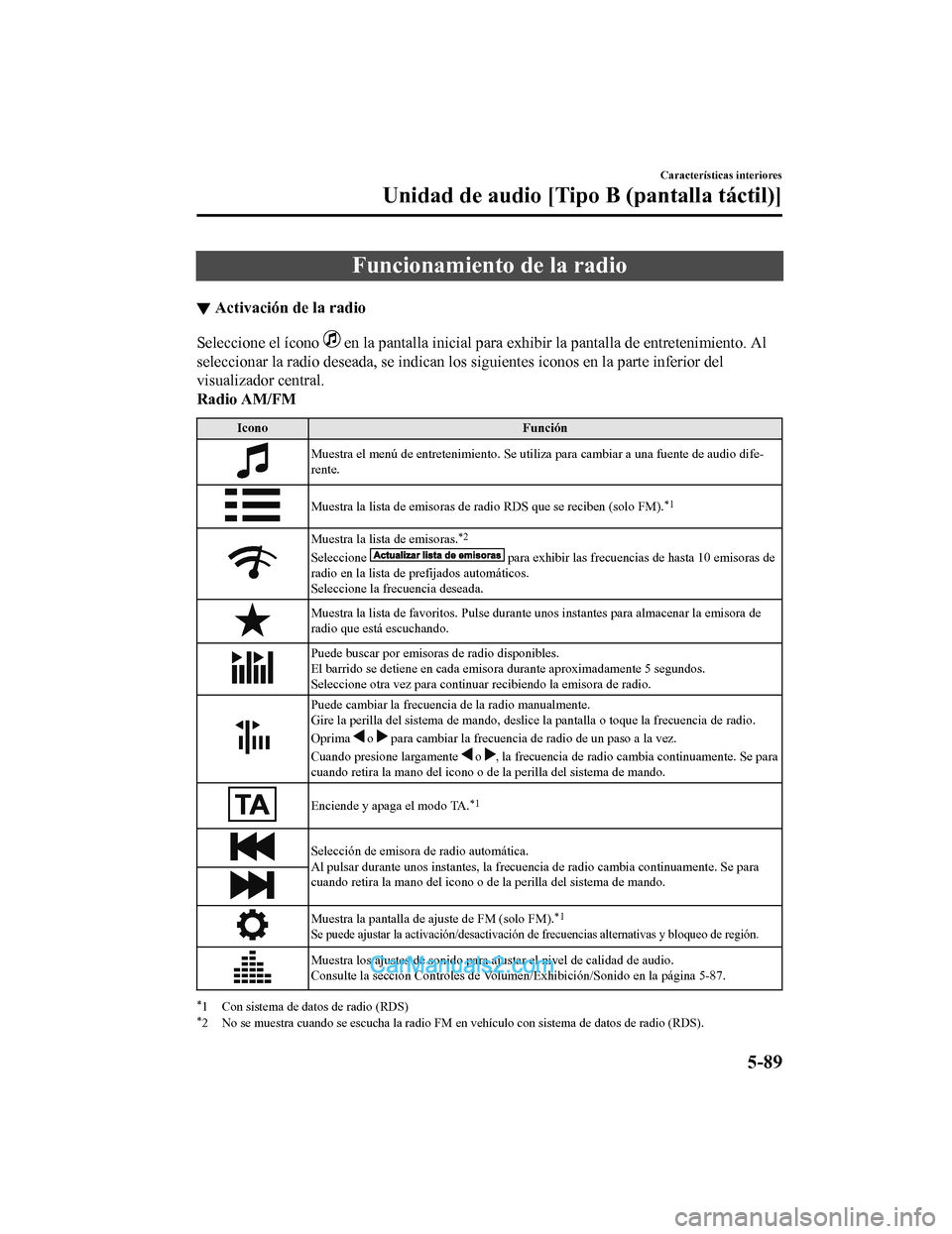 MAZDA MODEL 2 2020 Manual del propietario (in Spanish) Funcionamiento de la radio
▼Activación de la radio
Seleccione el ícono en la pantalla inicial para exhibir la pantalla de entretenimi
ento. Al
seleccionar la radio deseada, se indican los siguien MAZDA MODEL 2 2020 Manual del propietario (in Spanish) Funcionamiento de la radio
▼Activación de la radio
Seleccione el ícono en la pantalla inicial para exhibir la pantalla de entretenimi
ento. Al
seleccionar la radio deseada, se indican los siguien