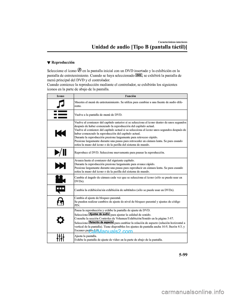 MAZDA MODEL 2 2020 Manual del propietario (in Spanish) ▼Reproducción
Seleccione el ícono en la pantalla inicial con un DV
D insertado y la exhibición en la
pantalla de entretenimiento. Cuando se haya seleccionado
, se exhibirá la pantalla de
menú MAZDA MODEL 2 2020 Manual del propietario (in Spanish) ▼Reproducción
Seleccione el ícono en la pantalla inicial con un DV
D insertado y la exhibición en la
pantalla de entretenimiento. Cuando se haya seleccionado
, se exhibirá la pantalla de
menú
