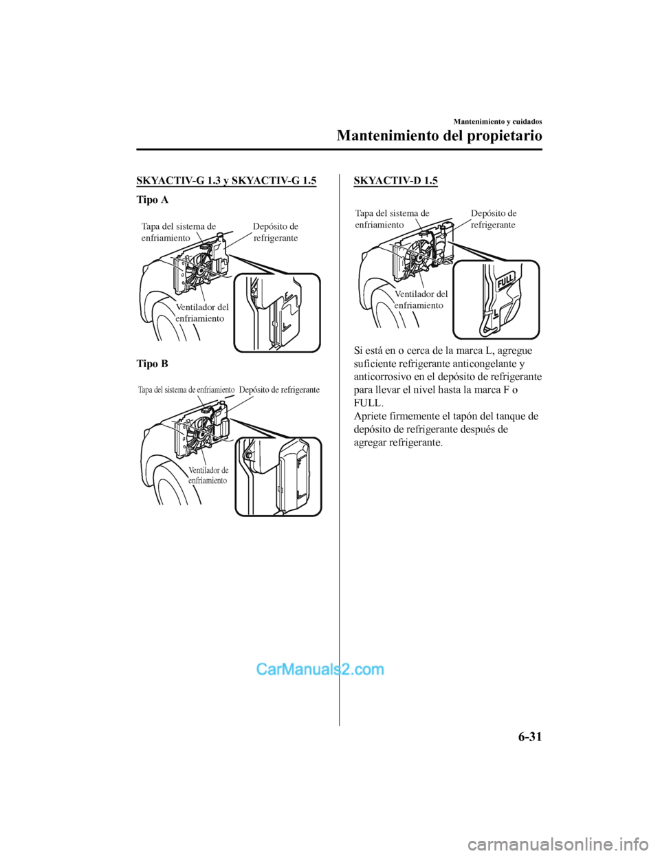MAZDA MODEL 2 2020  Manual del propietario (in Spanish) SKYACTIV-G 1.3 y SKYACTIV-G 1.5
Tipo A
 
Tapa del sistema de 
enfriamientoDepósito de 
refrigerante
Ventilador del 
enfriamiento
Tipo B
 
Tapa del sistema de enfriamientoDepósito de refrigerante
Ve 