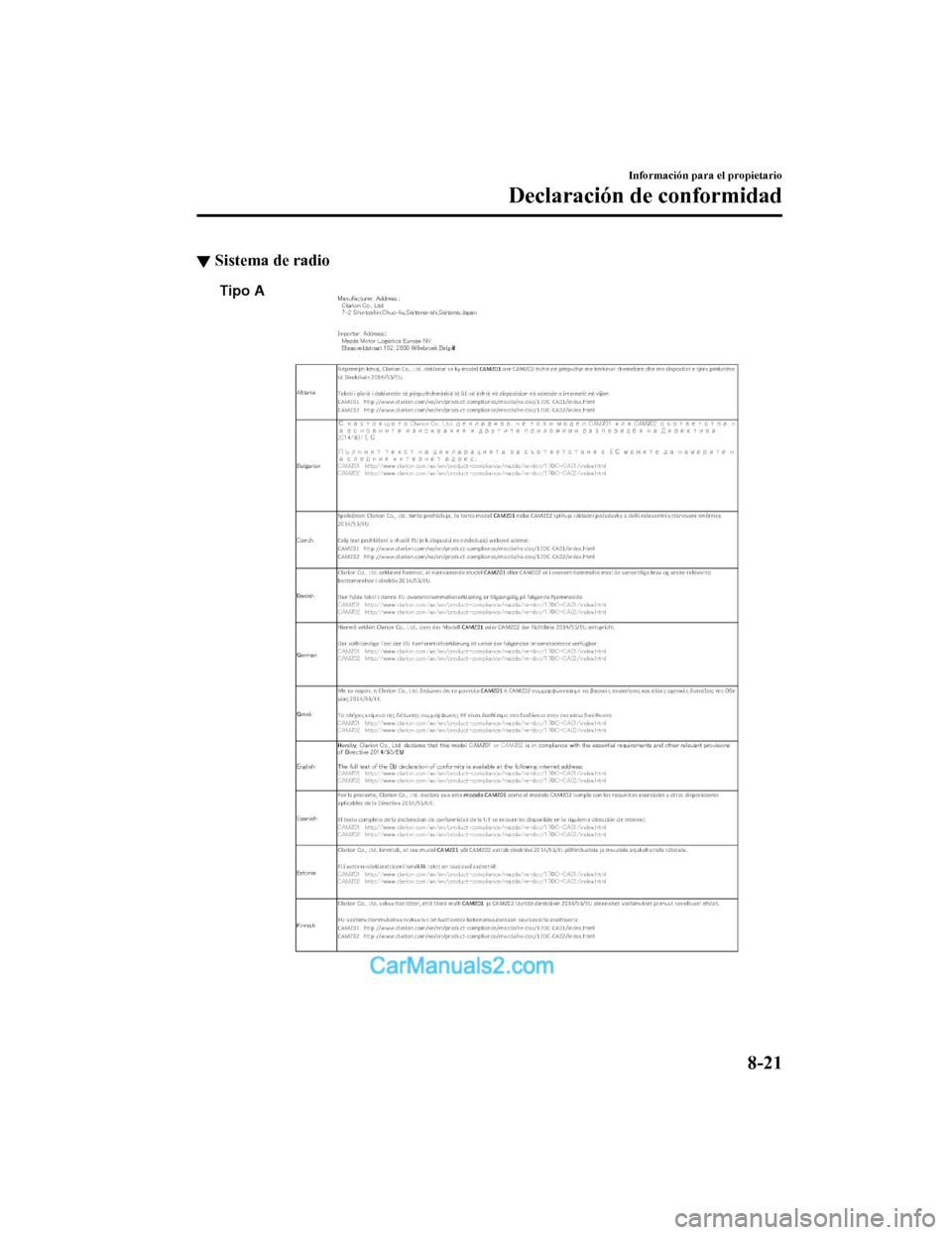 MAZDA MODEL 2 2020  Manual del propietario (in Spanish) ▼Sistema de radio
Tipo A
Información para el propietario
Declaración de conformidad
8-21
Mazda2_8HV1-SP-19I_Edition1_old
2019-7-5 15:50:41  
