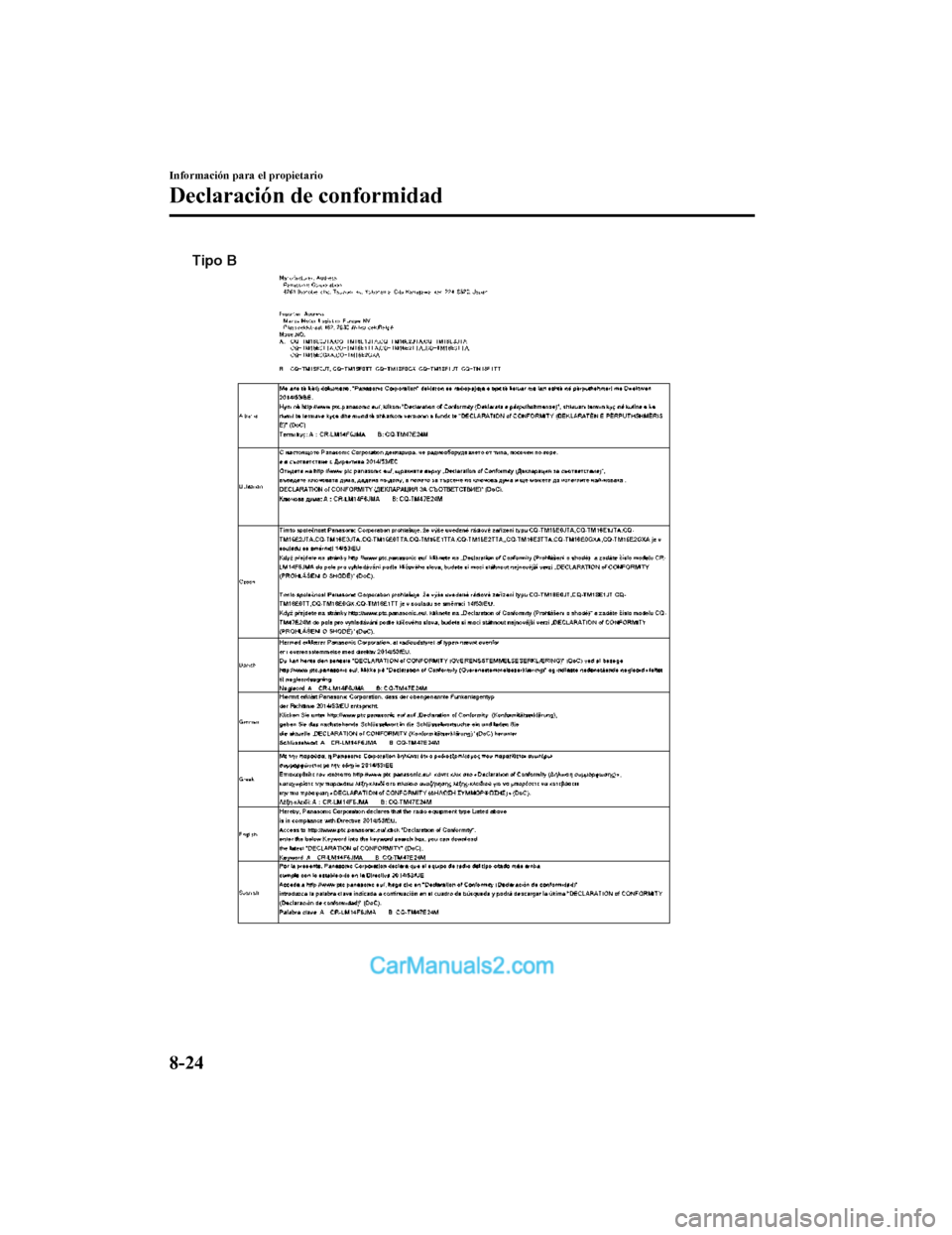 MAZDA MODEL 2 2020  Manual del propietario (in Spanish) Tipo B
Información para el propietario
Declaración de conformidad
8-24
Mazda2_8HV1-SP-19I_Edition1_old2019-7-5 15:50:41  