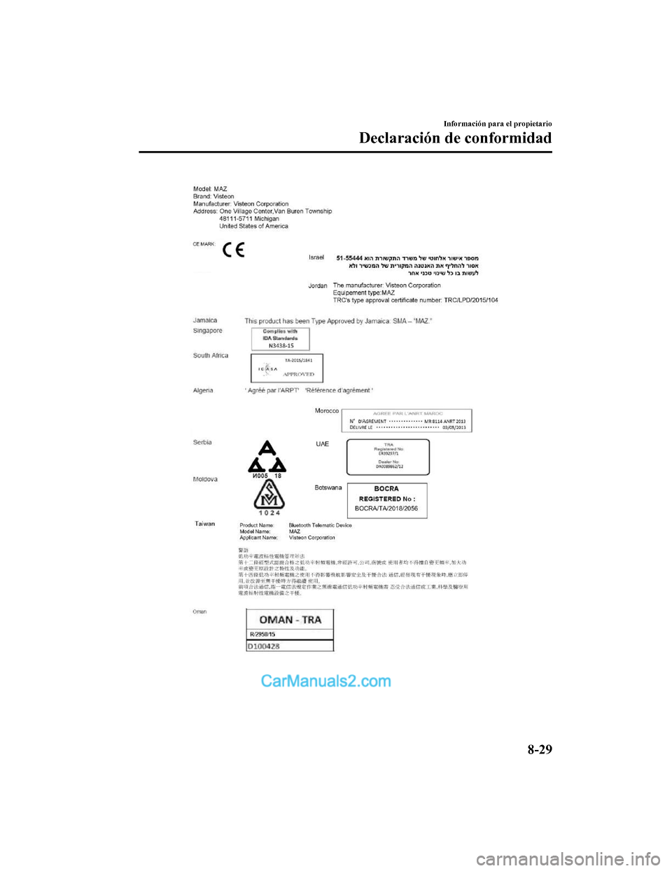 MAZDA MODEL 2 2020  Manual del propietario (in Spanish) Información para el propietario
Declaración de conformidad
8-29
Mazda2_8HV1-SP-19I_Edition1_old2019-7-5 15:50:41  