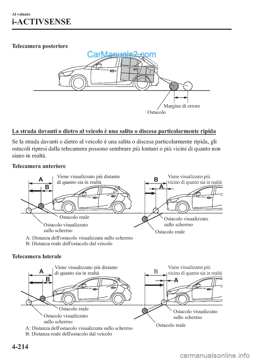MAZDA MODEL 2 2019  Manuale del proprietario (in Italian) �7�H�O�H�F�D�P�H�U�D��S�R�V�W�H�U�L�R�U�H
OstacoloMargine di errore
�
�/�D��V�W�U�D�G�D��G�D�Y�D�Q�W�L��R��G�L�H�W�U�R��D�O��Y�H�L�F�R�O�R��q��X�Q�D��V�D�O�L�W�D��R��G�L�V�F�H�V�D��S�D�U