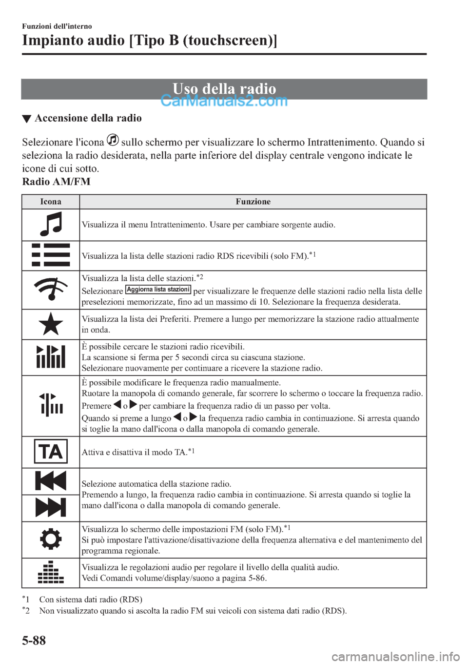 MAZDA MODEL 2 2019  Manuale del proprietario (in Italian) �8�V�R��G�H�O�O�D��U�D�G�L�R
▼�$�F�F�H�Q�V�L�R�Q�H��G�H�O�O�D��U�D�G�L�R
�6�H�O�H�]�L�R�Q�D�U�H��O�
�L�F�R�Q�D���V�X�O�O�R��V�F�K�H�U�P�R��S�H�U��Y�L�V�X�D�O�L�]�]�D�U�H��O�R��V�F�K�H�U�
