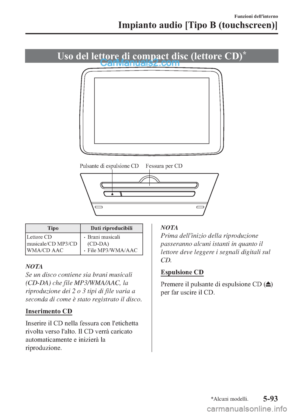 MAZDA MODEL 2 2019  Manuale del proprietario (in Italian) �8�V�R��G�H�O��O�H�W�W�R�U�H��G�L��F�R�P�S�D�F�W��G�L�V�F���O�H�W�W�R�U�H��&���
Fessura per CDPulsante di espulsione CD
�7�L�S�R ��D�W�L��U�L�S�U�R�G�X�F�L�E�L�O�L
�/�H�W�W�R�U�H��&�
�P