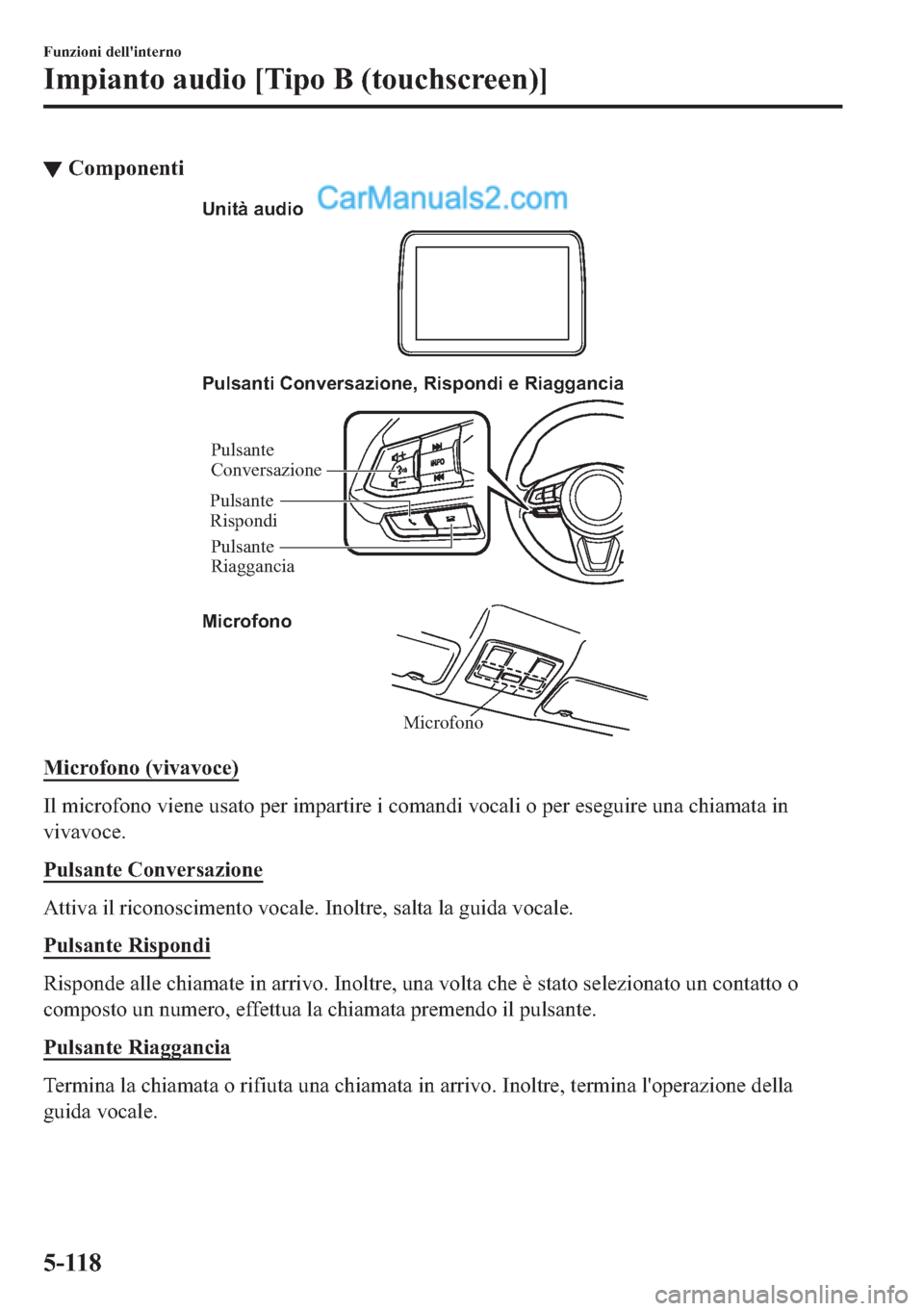 MAZDA MODEL 2 2019  Manuale del proprietario (in Italian) ▼�&�R�P�S�R�Q�H�Q�W�L
Microfono Pulsanti Conversazione, Rispondi e Riaggancia
Microfono Unità audio
Pulsante 
Conversazione
Pulsante 
Riaggancia Pulsante 
Rispondi
�0�L�F�U�R�I�R�Q�R���Y�L�Y�D�Y�