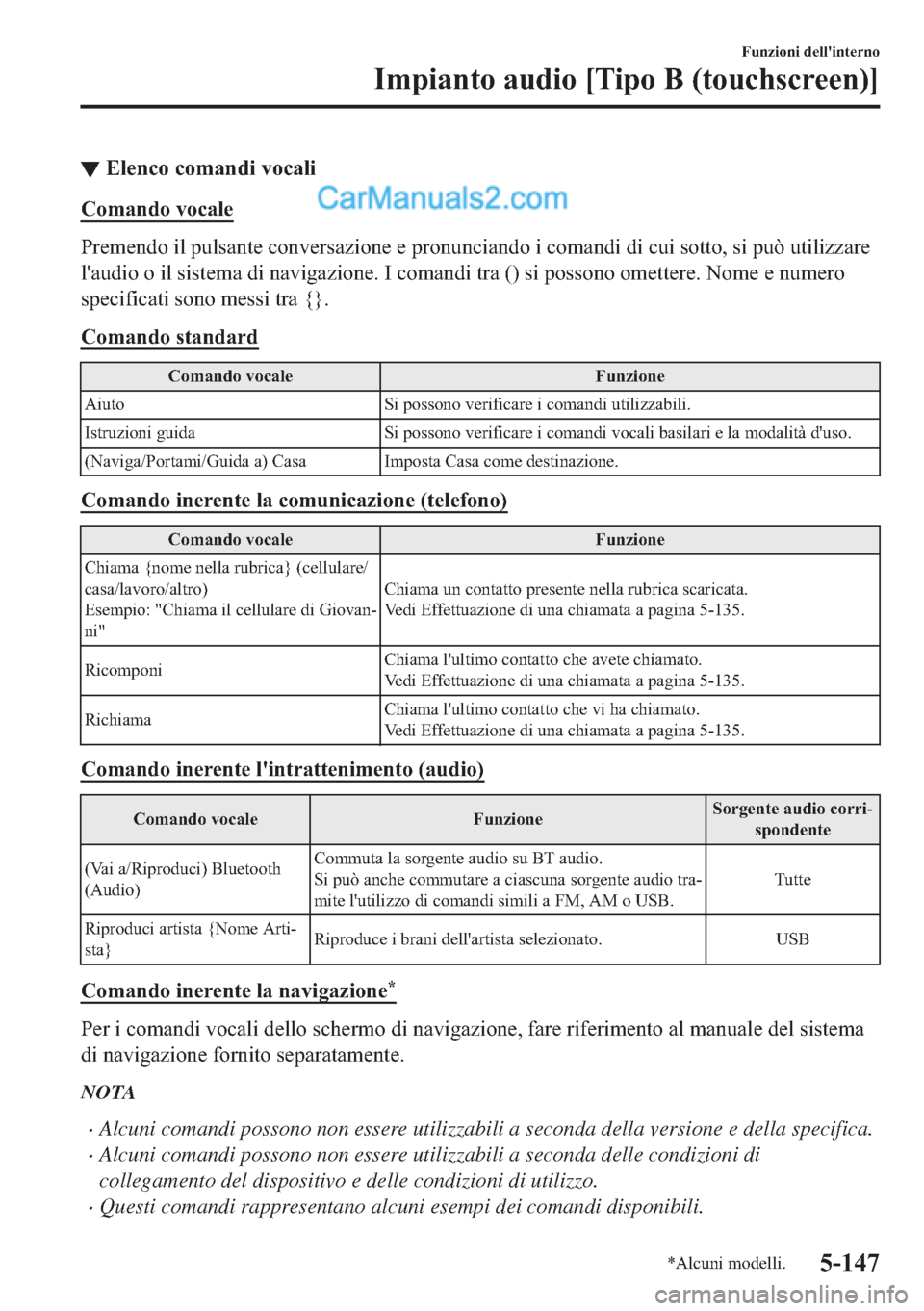 MAZDA MODEL 2 2019  Manuale del proprietario (in Italian) ▼�(�O�H�Q�F�R��F�R�P�D�Q�G�L��Y�R�F�D�O�L
�&�R�P�D�Q�G�R��Y�R�F�D�O�H
�3�U�H�P�H�Q�G�R��L�O��S�X�O�V�D�Q�W�H��F�R�Q�Y�H�U�V�D�]�L�R�Q�H��H��S�U�R�Q�X�Q�F�L�D�Q�G�R��L��F�R�P�D�Q�G�L��G�L�
