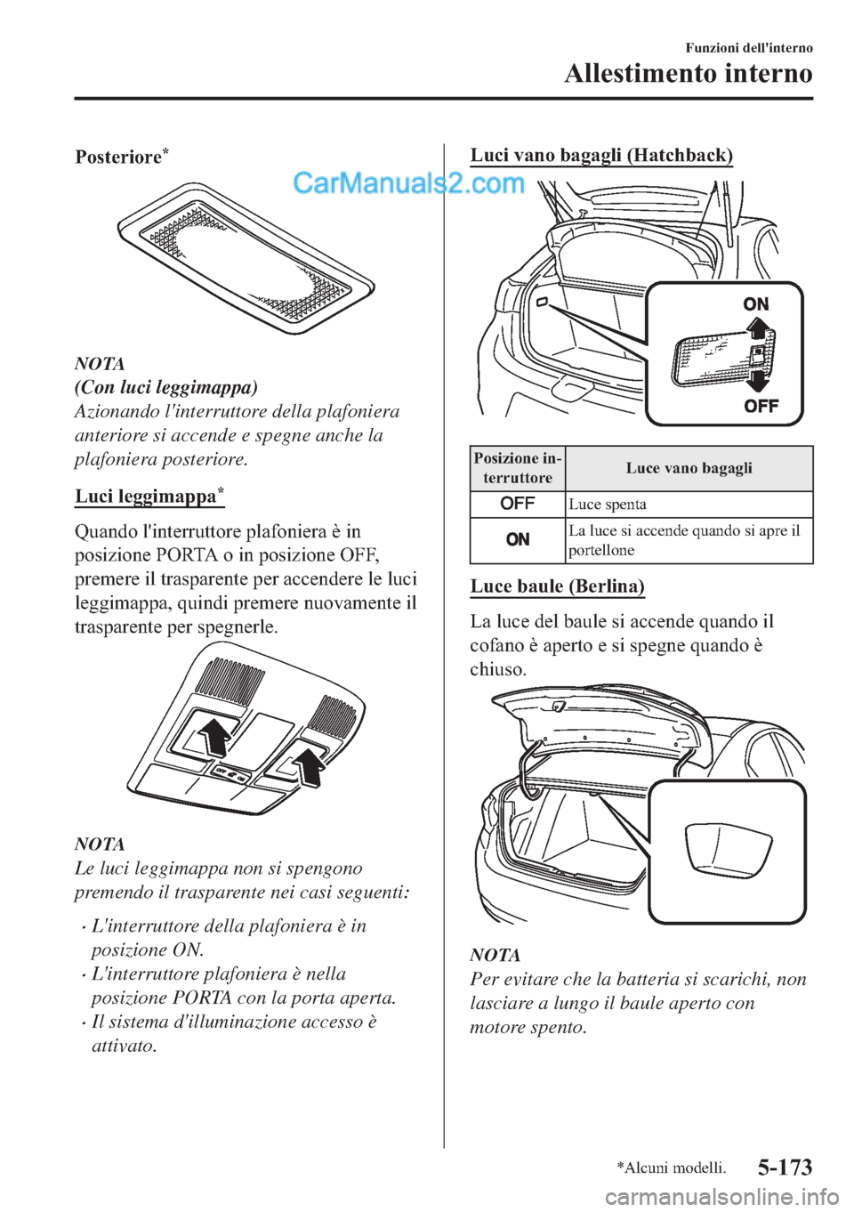 MAZDA MODEL 2 2019  Manuale del proprietario (in Italian) �3�R�V�W�H�U�L�R�U�H�
NOTA
(Con luci leggimappa)
Azionando linterruttore della plafoniera
anteriore si accende e spegne anche la
plafoniera posteriore.
�/�X�F�L��O�H�J�J�L�P�D�S�S�D
�
�4�X�D�Q�G�R