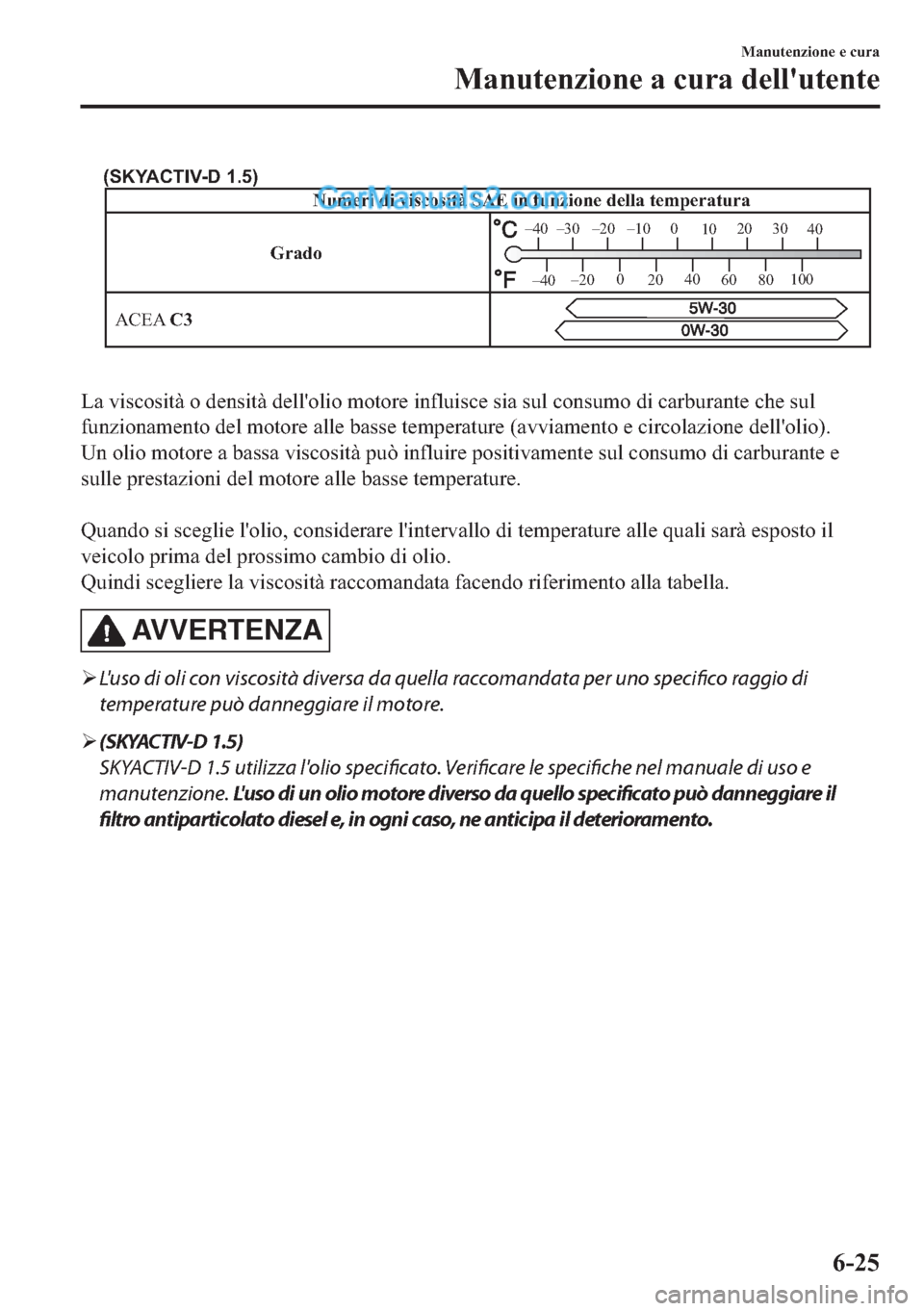 MAZDA MODEL 2 2019  Manuale del proprietario (in Italian) GradoNumeri di viscosità SAE in funzione della temperatura
ACEA C3
–30 –20 –10 0
1020 30
40
–200
2040
60
80100
–40
–40
(SKYACTIV-D 1.5)
�/�D��Y�L�V�F�R�V�L�W�j��R��G�H�Q�V�L�W�j��G�H�