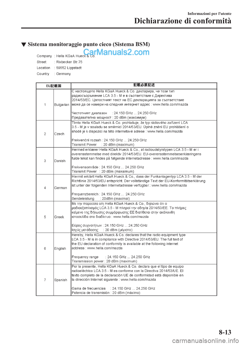 MAZDA MODEL 2 2019  Manuale del proprietario (in Italian) ▼�6�L�V�W�H�P�D��P�R�Q�L�W�R�U�D�J�J�L�R��S�X�Q�W�R��F�L�H�F�R���6�L�V�W�H�P�D��%�6�0�
�,�Q�I�R�U�P�D�]�L�R�Q�L��S�H�U��O�
�X�W�H�Q�W�H
��L�F�K�L�D�U�D�]�L�R�Q�H��G�L��F�R�Q�I�R�U�P�L�W�