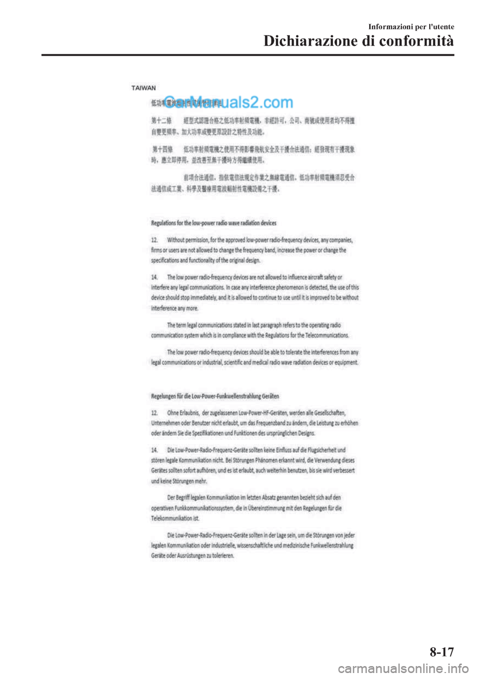 MAZDA MODEL 2 2019  Manuale del proprietario (in Italian) �,�Q�I�R�U�P�D�]�L�R�Q�L��S�H�U��O�
�X�W�H�Q�W�H
��L�F�K�L�D�U�D�]�L�R�Q�H��G�L��F�R�Q�I�R�U�P�L�W�j
����  
