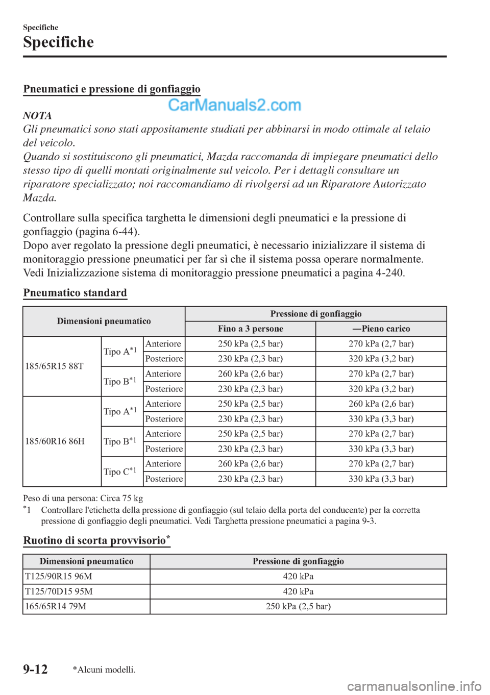 MAZDA MODEL 2 2019  Manuale del proprietario (in Italian) �3�Q�H�X�P�D�W�L�F�L��H��S�U�H�V�V�L�R�Q�H��G�L��J�R�Q�I�L�D�J�J�L�R
NOTA
Gli pneumatici sono stati appositamente studiati per abbinarsi in modo ottimale al telaio
del veicolo.
Quando si sostituis