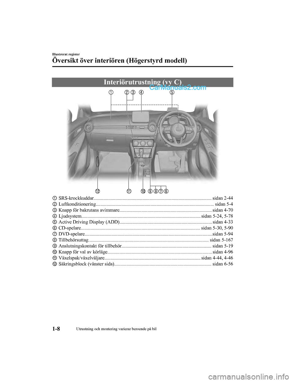 MAZDA MODEL 2 2019 Ägarmanual (in Swedish) Interiörutrustning (vy C)
①SRS-krockkuddar................................................................................................. sidan 2-44
② Luftkonditionering........................ MAZDA MODEL 2 2019 Ägarmanual (in Swedish) Interiörutrustning (vy C)
①SRS-krockkuddar................................................................................................. sidan 2-44
② Luftkonditionering........................