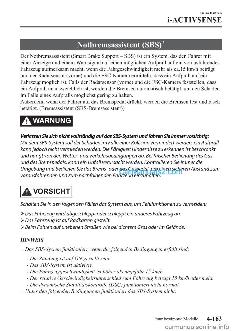 MAZDA MODEL 2 2018  Betriebsanleitung (in German) �1�R�W�E�U�H�P�V�D�V�V�L�V�W�H�Q�W���6�%�6��
��H�U��1�R�W�E�U�H�P�V�D�V�V�L�V�W�H�Q�W���6�P�D�U�W��%�U�D�N�H��6�X�S�S�R�U�W��
