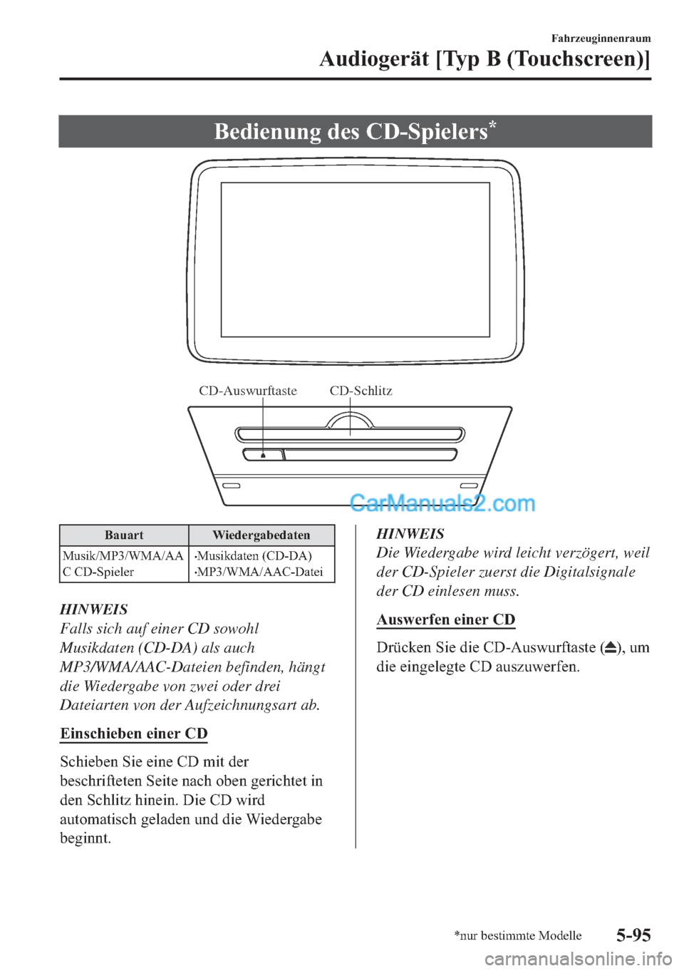 MAZDA MODEL 2 2018  Betriebsanleitung (in German) �%�H�G�L�H�Q�X�Q�J��G�H�V��&���6�S�L�H�O�H�U�V�
CD-Schlitz CD-Auswurftaste
�%�D�X�D�U�W �:�L�H�G�H�U�J�D�E�H�G�D�W�H�Q
�0�X�V�L�N��0�3���:�0�$��$�$
�&��&���6�S�L�H�O�H�U
•�0�X�V�L�N�G�D�