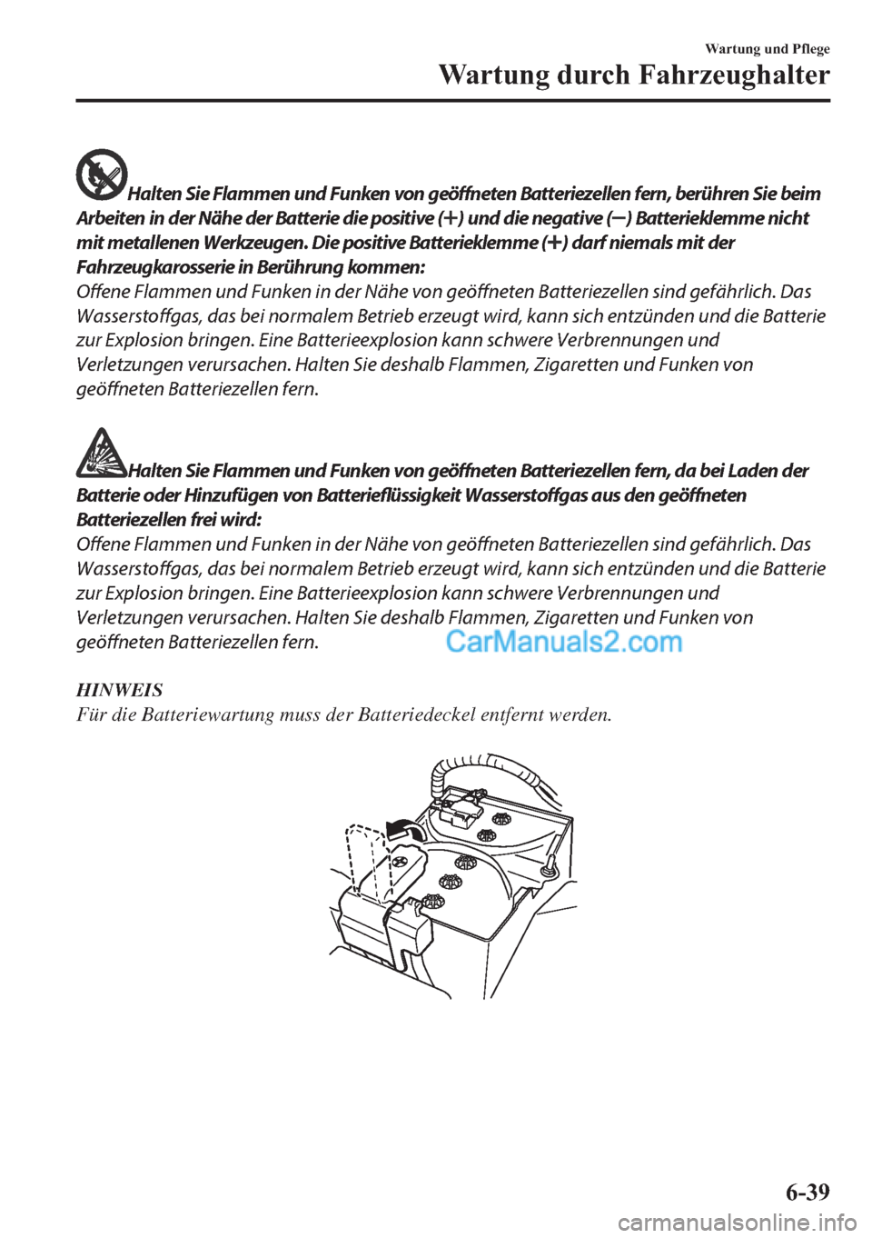 MAZDA MODEL 2 2018  Betriebsanleitung (in German) Halten Sie Flammen und Funken von geöffneten Batteriezellen fern, berühren Sie beim
Arbeiten in der Nähe der Batterie die positive (
) und die negative () Batterieklemme nicht
mit metallenen Werkze