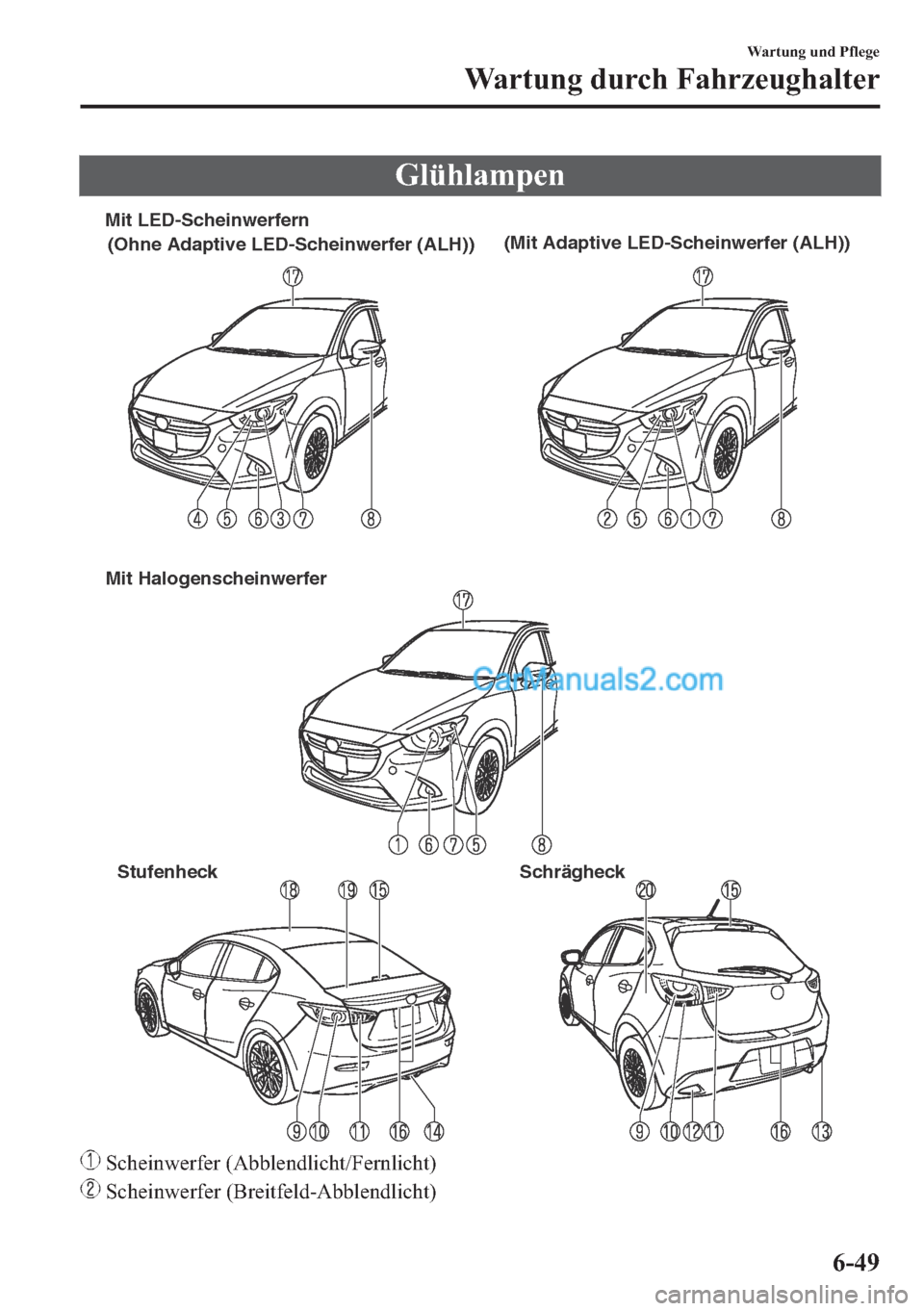 MAZDA MODEL 2 2018  Betriebsanleitung (in German) �*�O�
Stufenheck Schrägheck Mit LED-Scheinwerfern
Mit Halogenscheinwerfer
(Ohne Adaptive LED-Scheinwerfer (ALH))(Mit Adaptive LED-Scheinwerfer (ALH))
��6�F�K�H�L�Q�Z�H�U�I�H�U���$�E�E�O�H�Q�G�O�L�