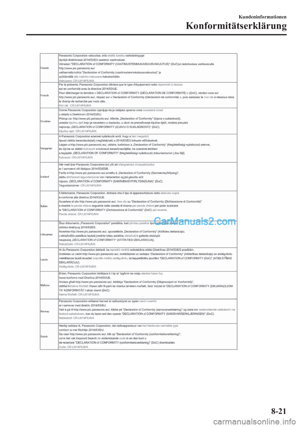 MAZDA MODEL 2 2018  Betriebsanleitung (in German) �.�X�Q�G�H�Q�L�Q�I�R�U�P�D�W�L�R�Q�H�Q
�.�R�Q�I�R�U�P�L�W�l�W�V�H�U�N�O�l�U�X�Q�J
����  