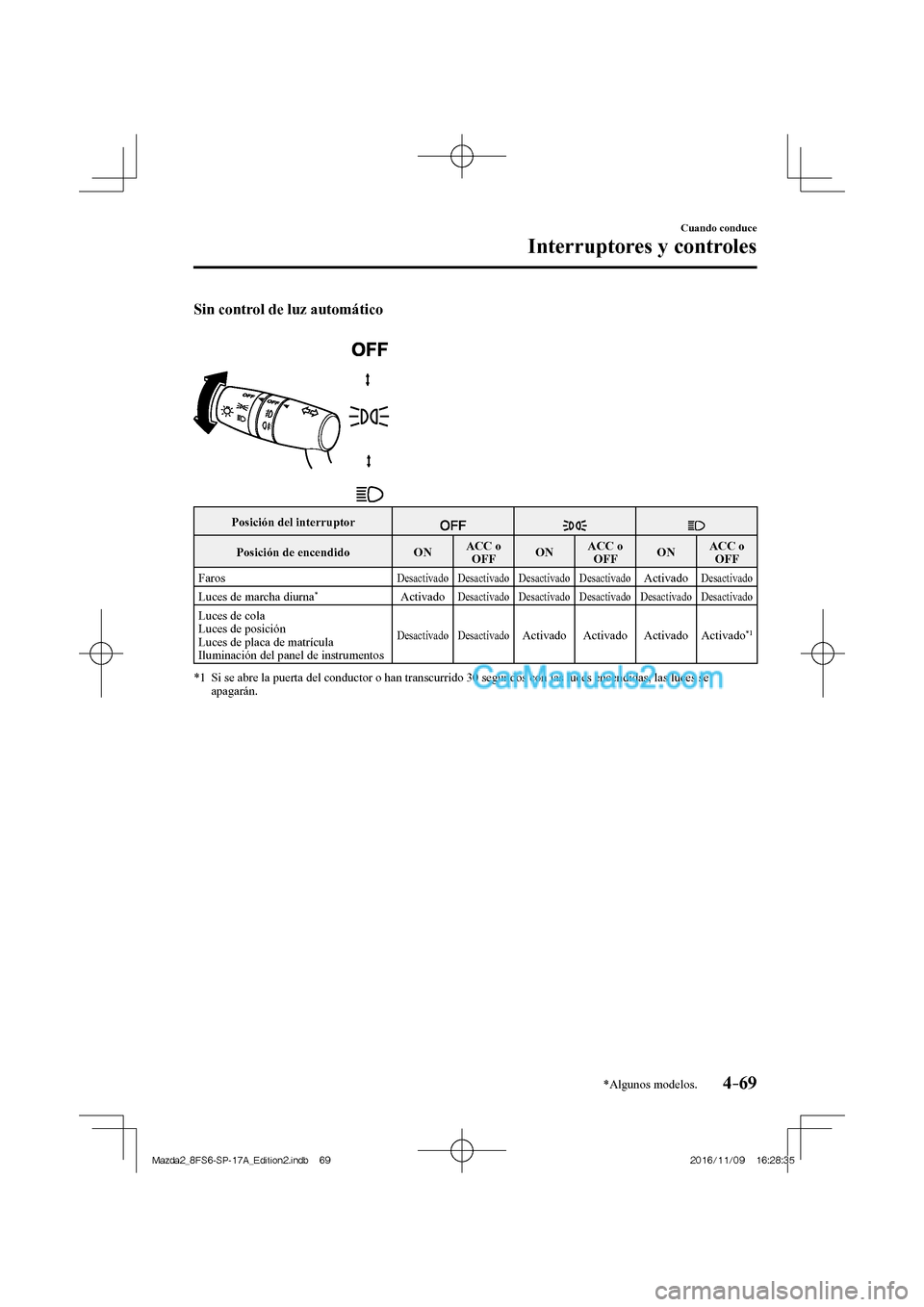 MAZDA MODEL 2 2018  Manual del propietario (in Spanish) 4–69
Cuando conduce
Interruptores y controles
*Algunos modelos.
    Sin control de luz automático 
  
 
 
 Posición del interruptor 
  
    
 Posición  de  encendido    ON   ACC  o 
 OFF    ON   