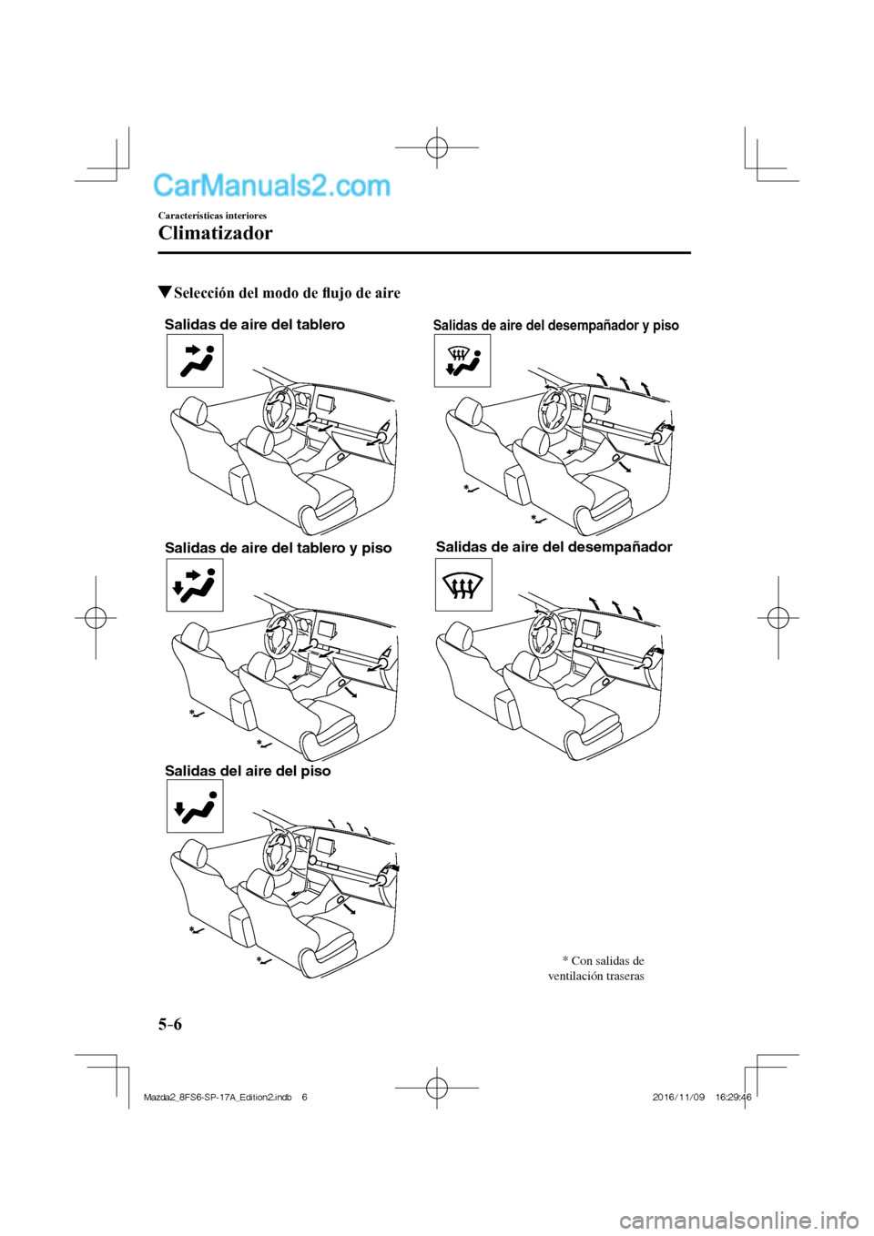 MAZDA MODEL 2 2018  Manual del propietario (in Spanish) 5–6
Características interiores
Climatizador
          Selección del modo de ﬂ ujo de aire
   
Salidas de aire del tablero
Salidas de aire del tablero y piso
Salidas del aire del pisoSalidas de a