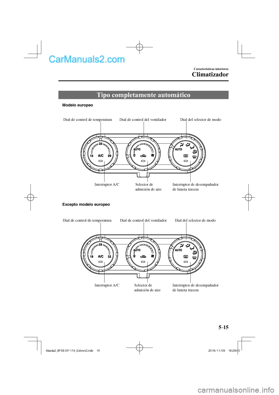 MAZDA MODEL 2 2018  Manual del propietario (in Spanish) 5–15
Características interiores
Climatizador
 Tipo completamente automático
           
Dial de control de temperatura Dial de control del ventilador Dial del selector de modo
Interruptor A/C Sele