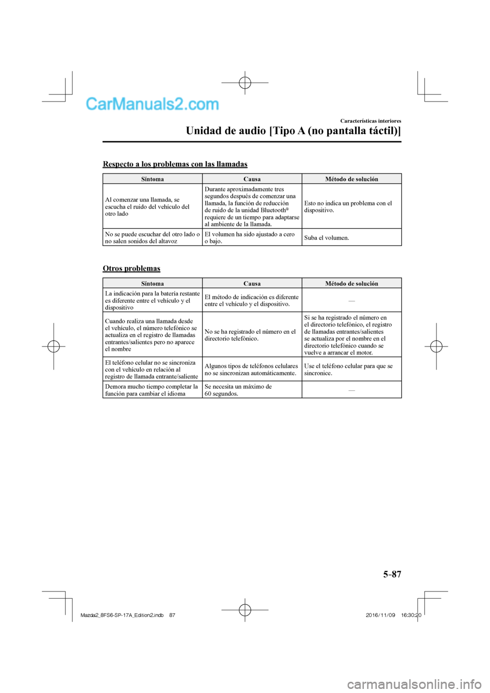 MAZDA MODEL 2 2018  Manual del propietario (in Spanish) 5–87
Características interiores
Unidad de audio [Tipo A (no pantalla táctil)]
    Respecto a los problemas con las llamadas
 Síntoma   Causa   Método  de  solución 
 Al comenzar una llamada, se